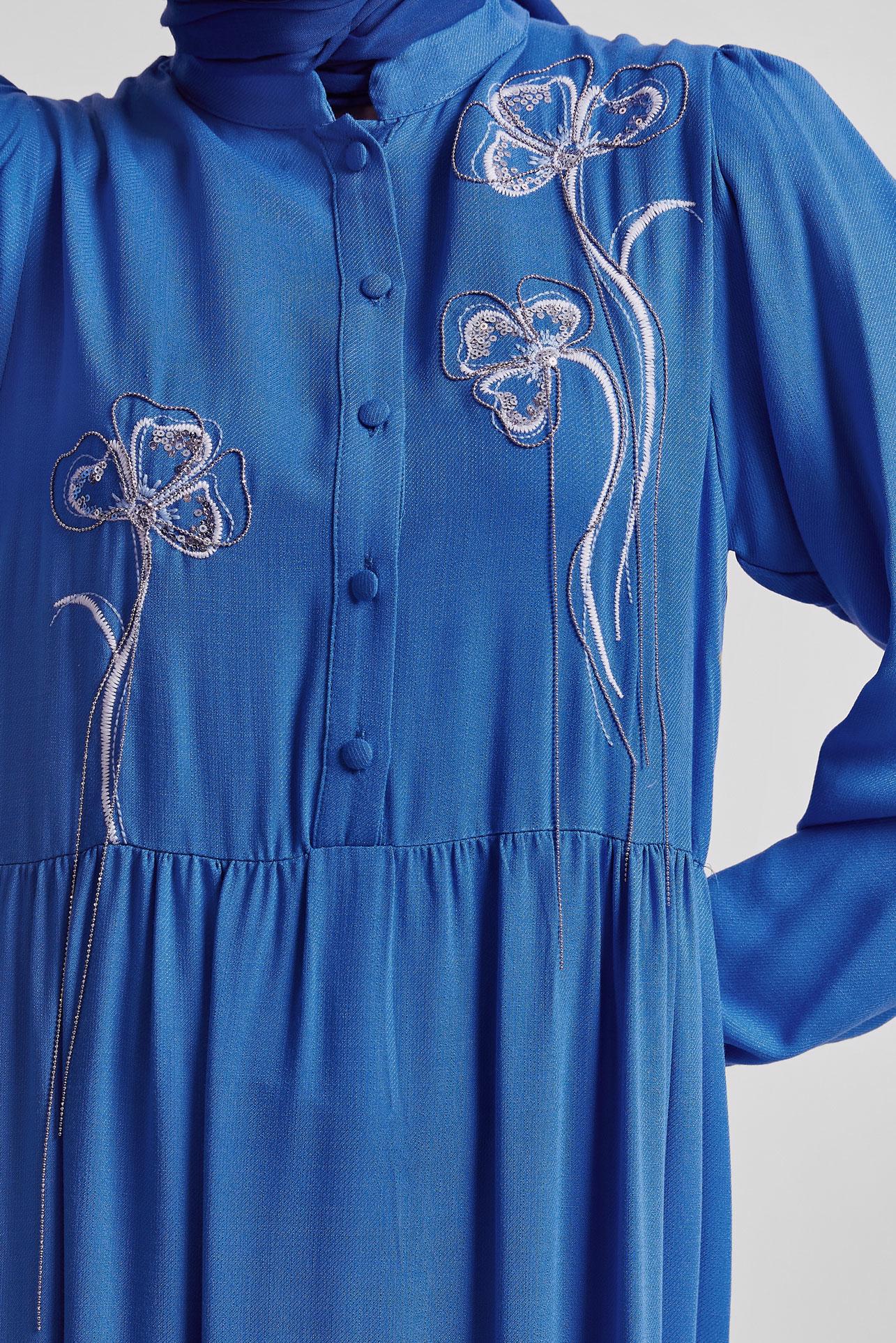 Tesettür giyim LACİVERT NAKIŞ DETAYLI ELBİSE 44665