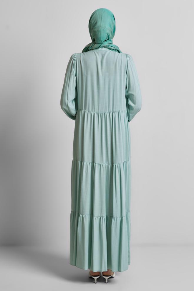 Tesettür giyim YEŞİL NAKIŞ DETAYLI ELBİSE 44665 - ALVİNA