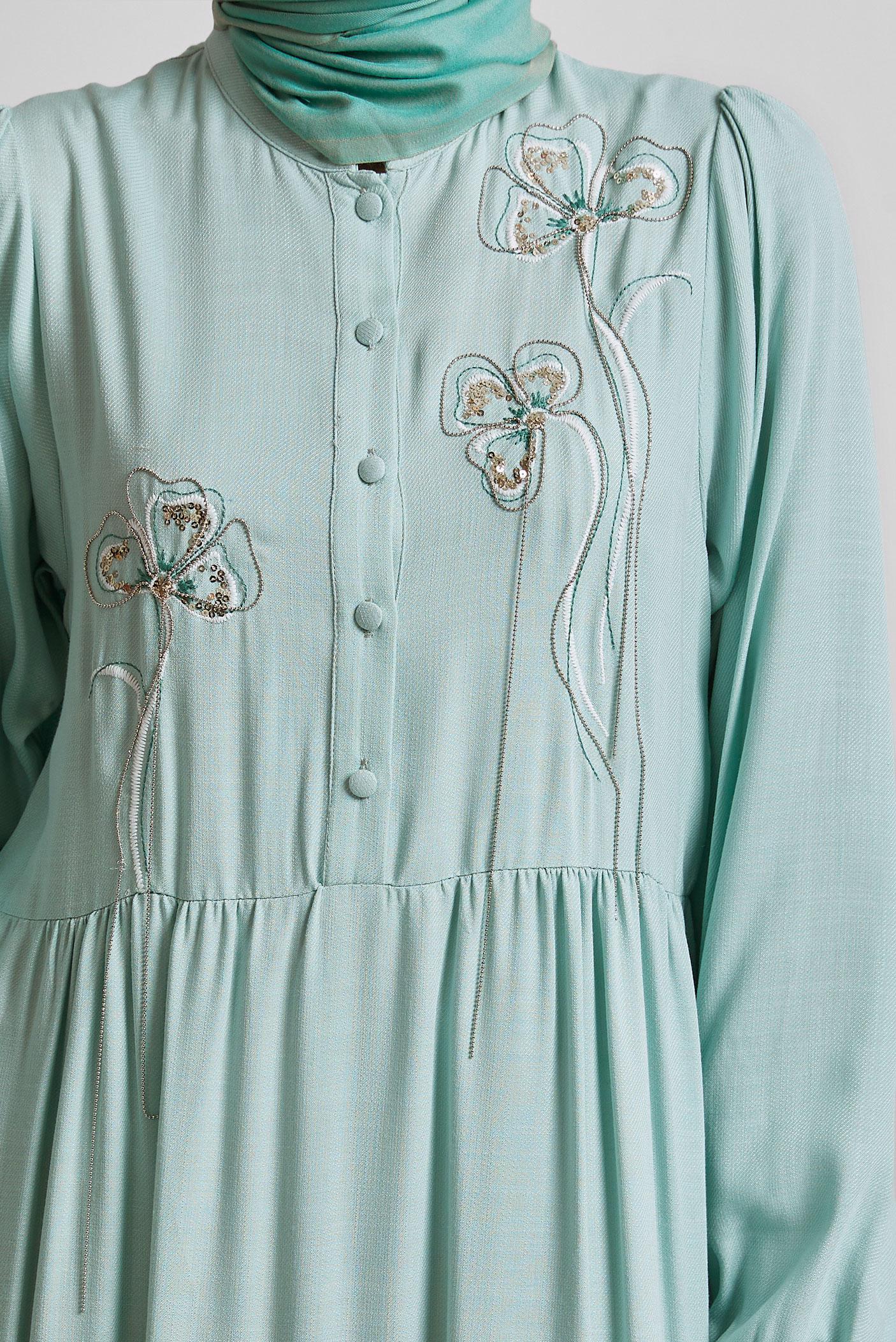 Tesettür giyim YEŞİL NAKIŞ DETAYLI ELBİSE 44665