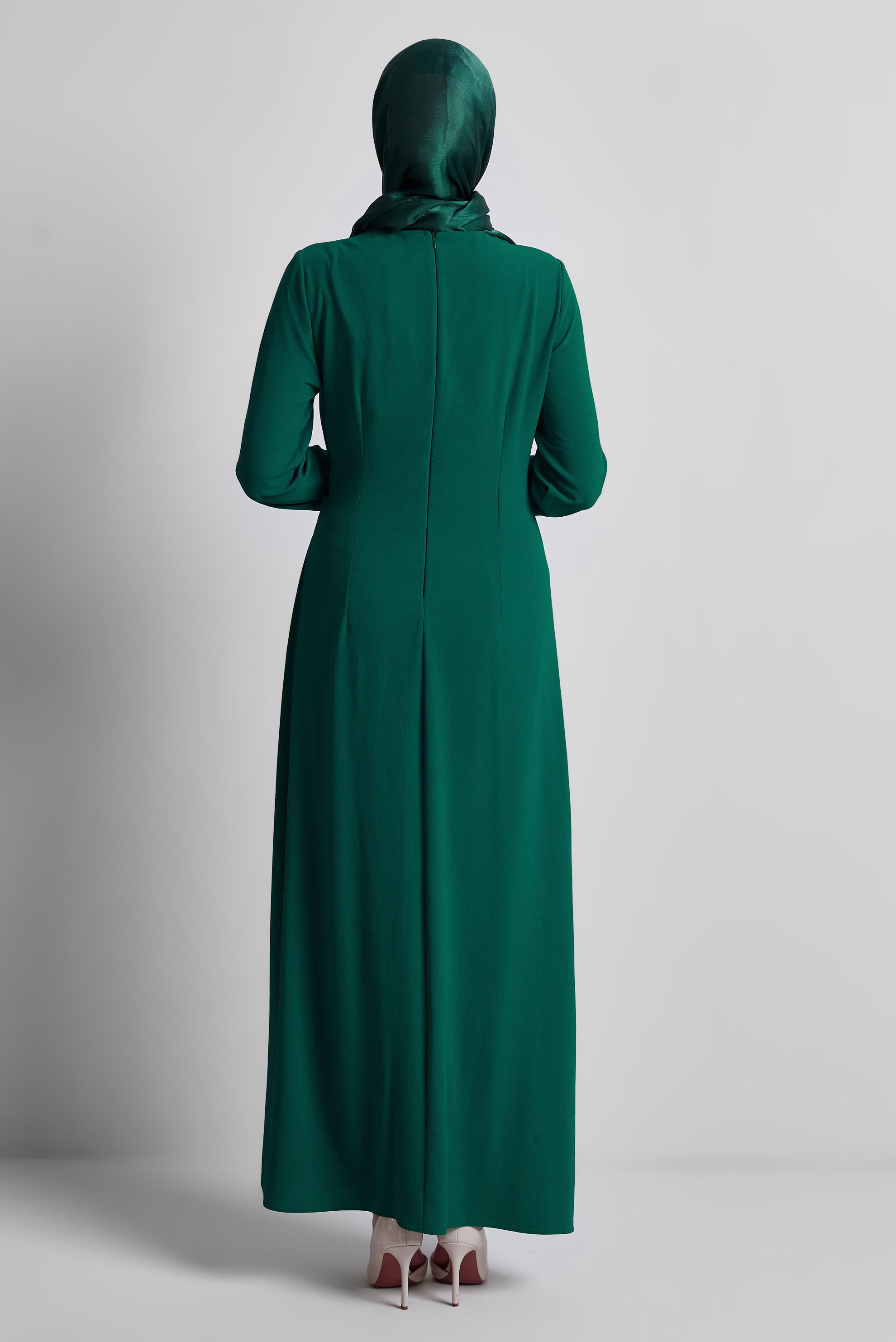 Tesettür giyim YEŞİL KUŞAKLI ELBİSE 44684