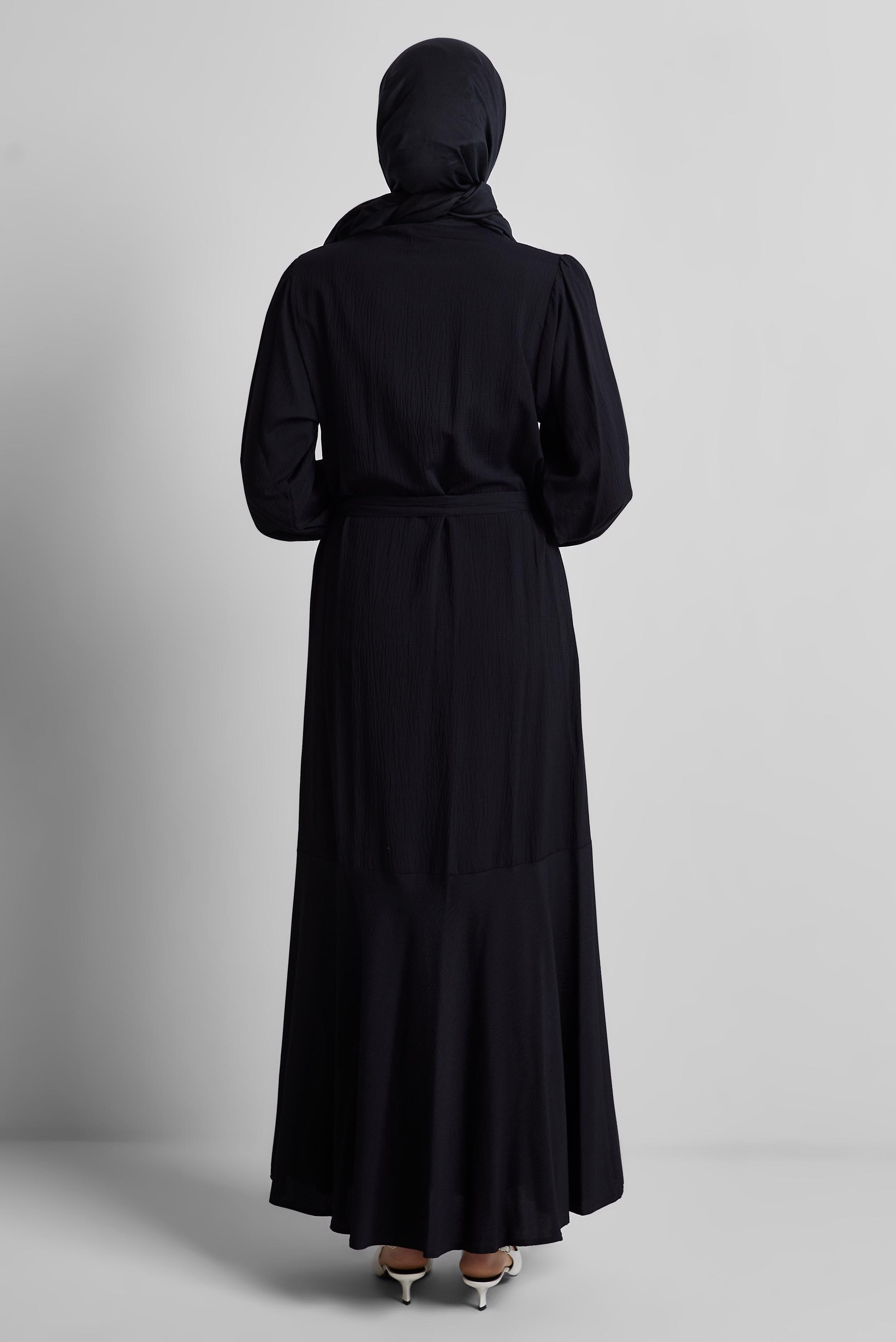 Tesettür giyim SİYAH KUŞAKLI ELBİSE 44688