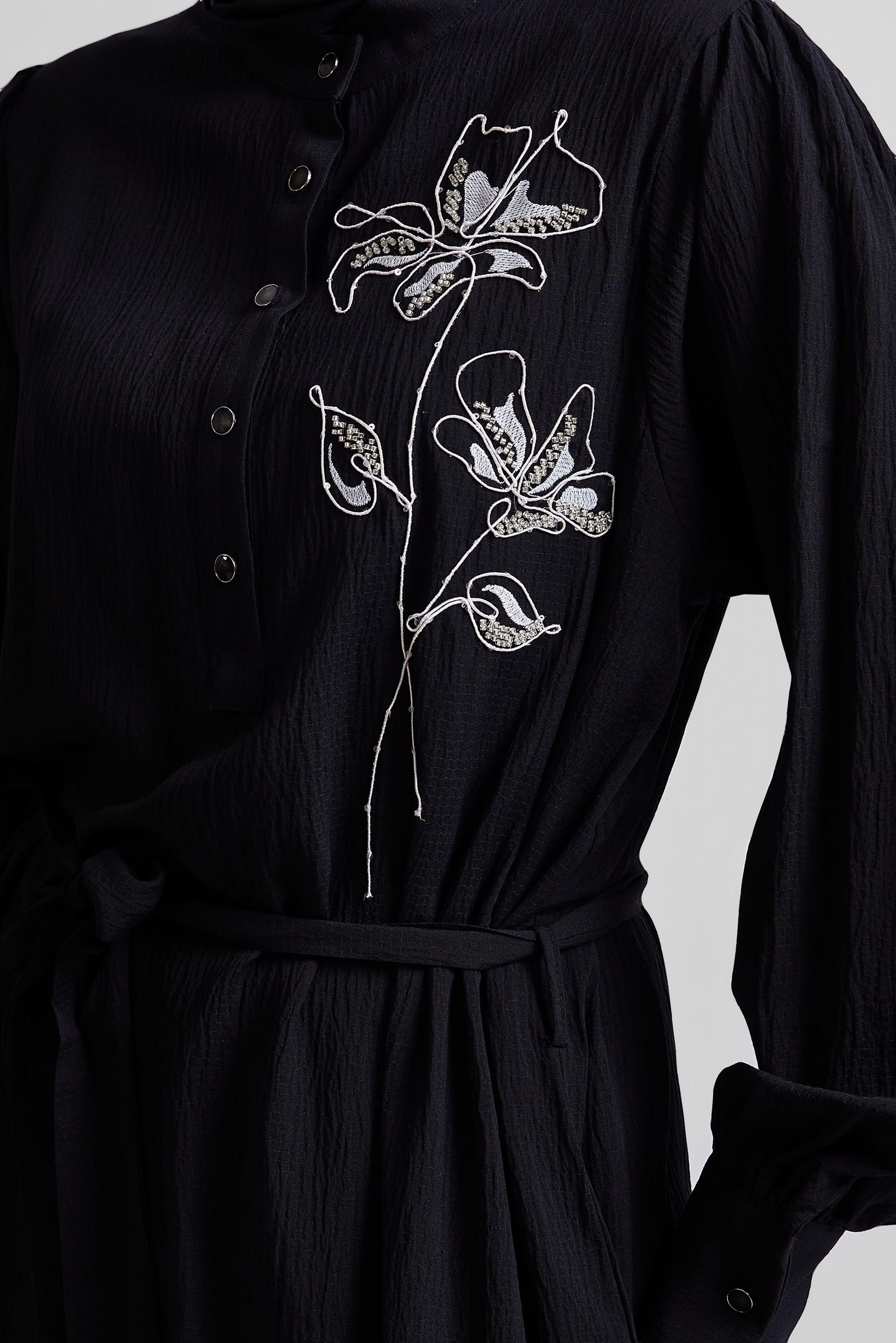 Tesettür giyim SİYAH KUŞAKLI ELBİSE 44688