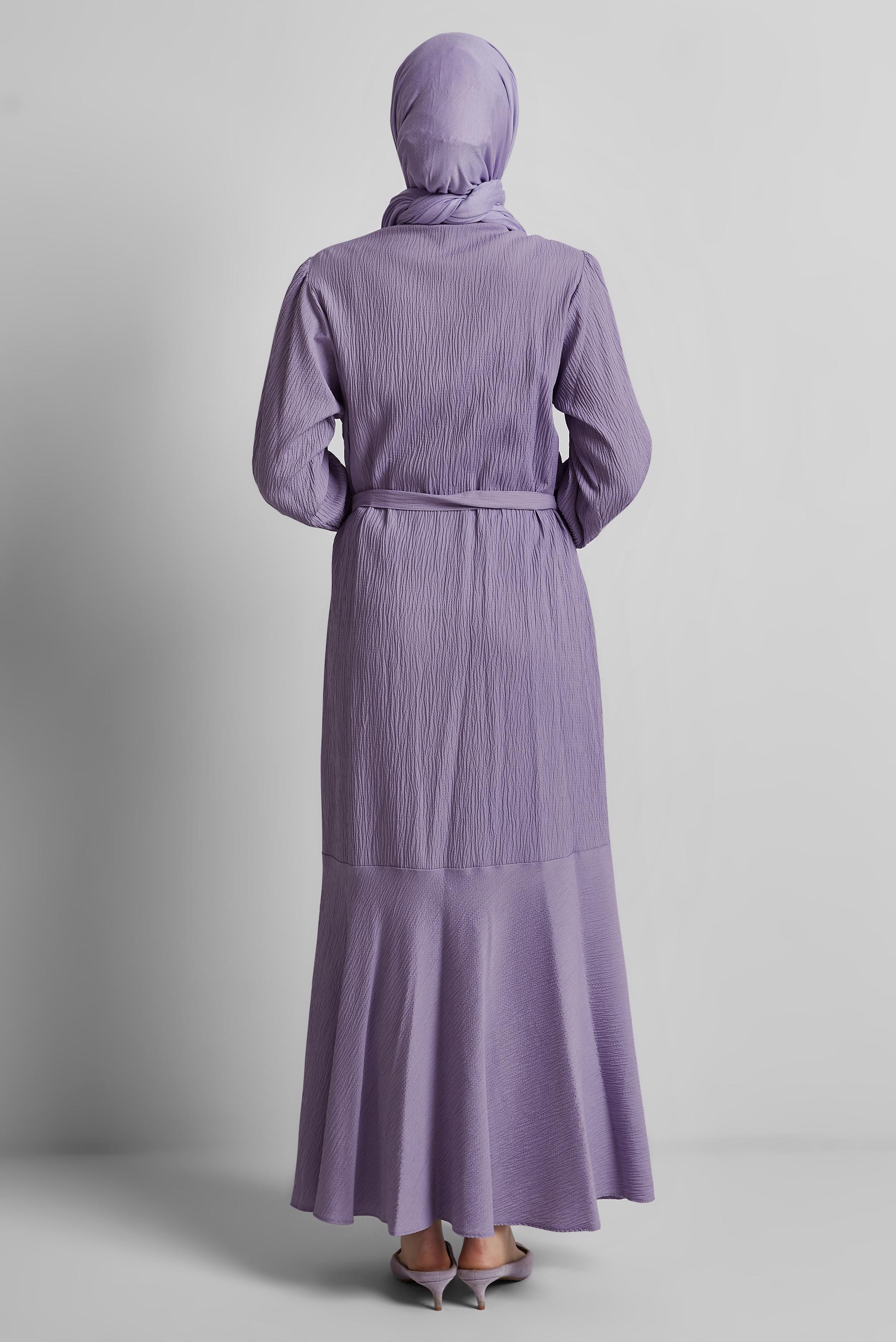 Tesettür giyim MOR KUŞAKLI ELBİSE 44688