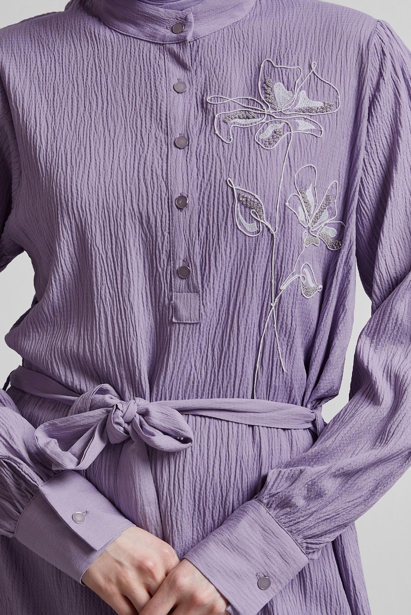 Tesettür giyim MOR KUŞAKLI ELBİSE 44688