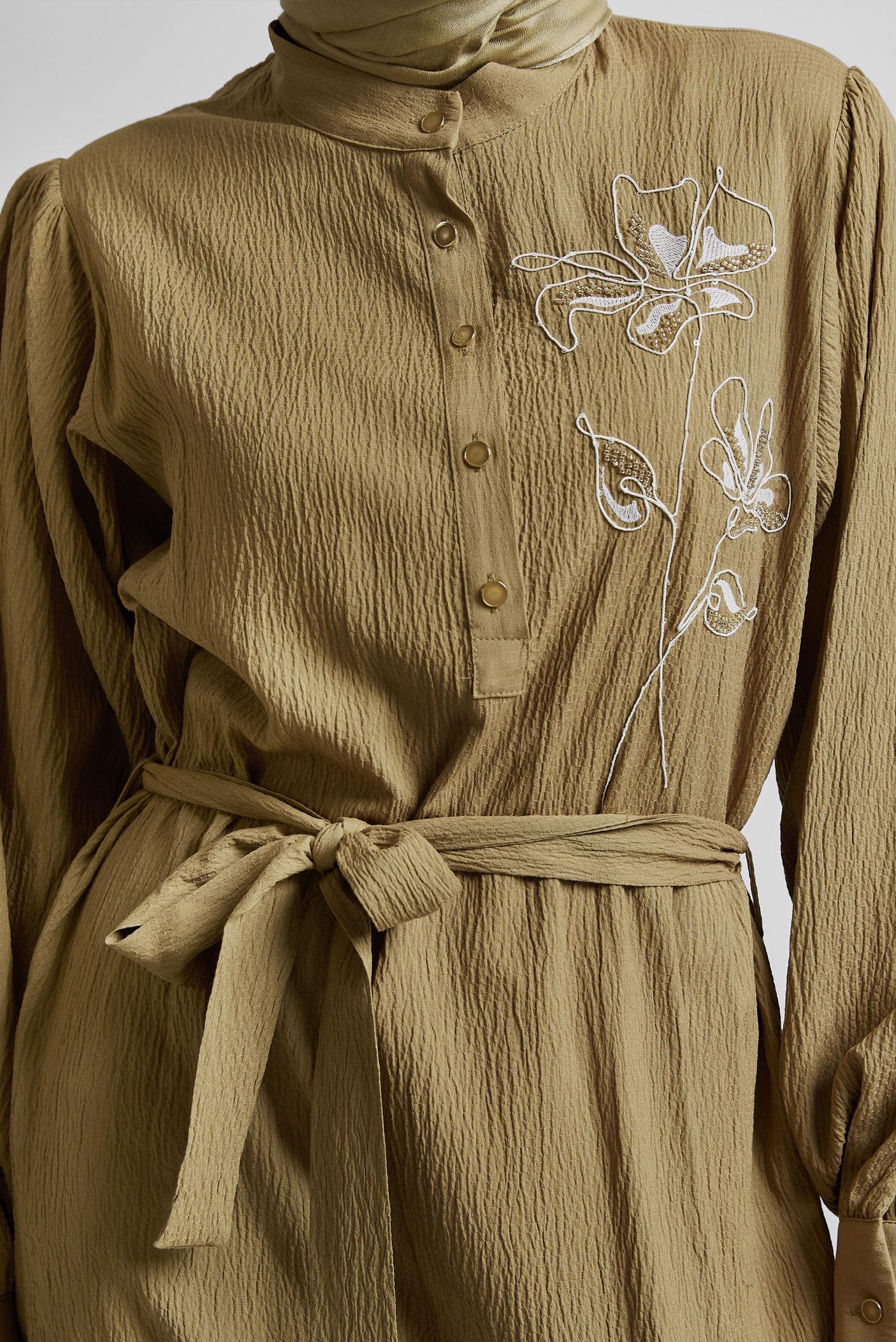 Tesettür giyim KAHVE KUŞAKLI ELBİSE 44688