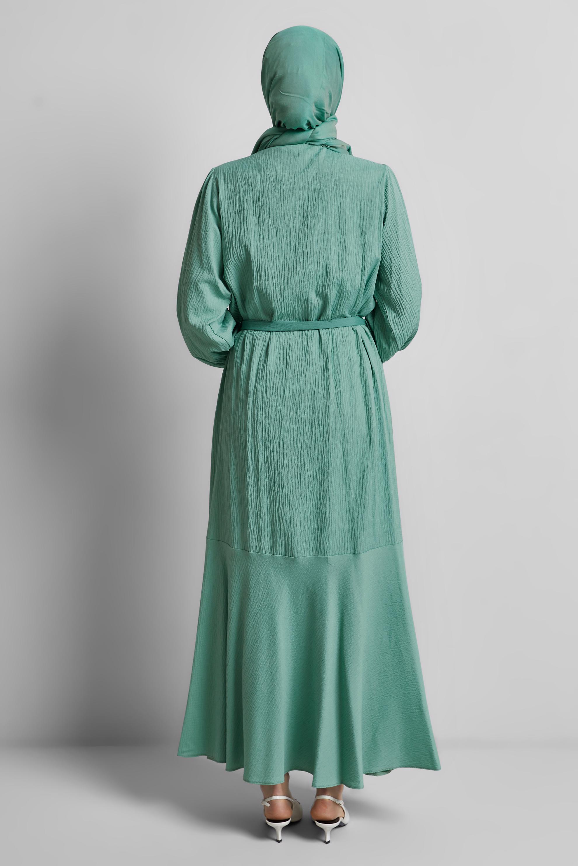 Tesettür giyim YEŞİL KUŞAKLI ELBİSE 44688