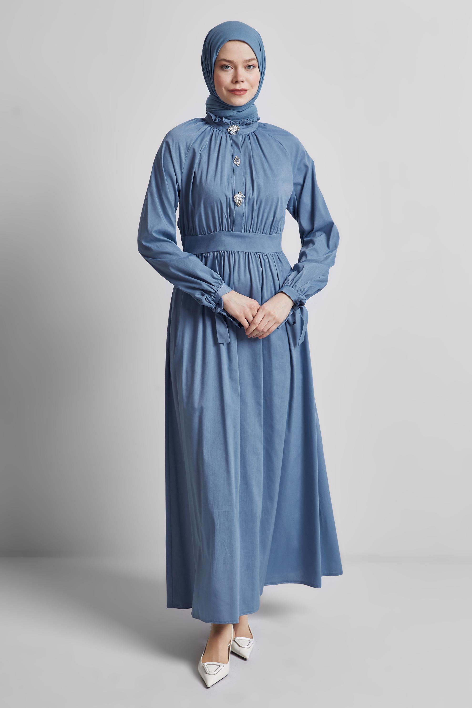 Tesettür giyim LACİVERT TAŞ DETAYLI ELBİSE 44695