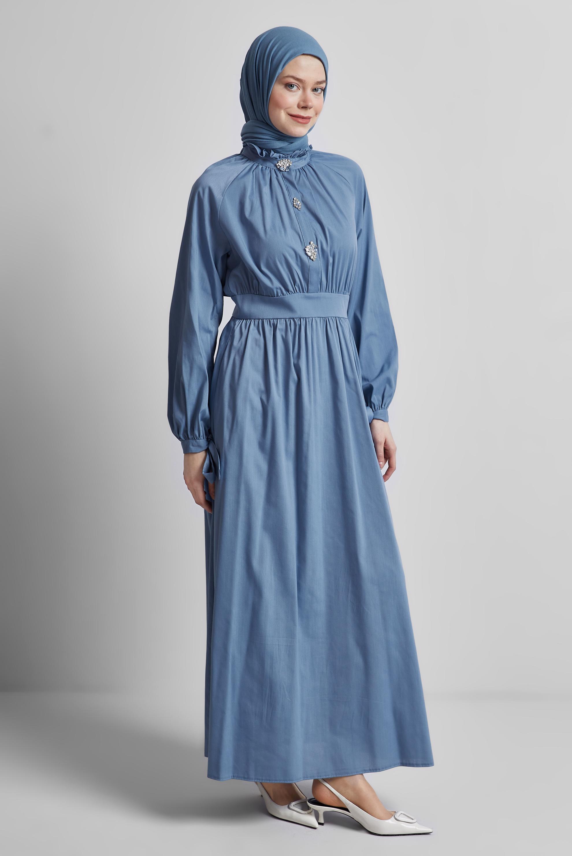 Tesettür giyim LACİVERT TAŞ DETAYLI ELBİSE 44695