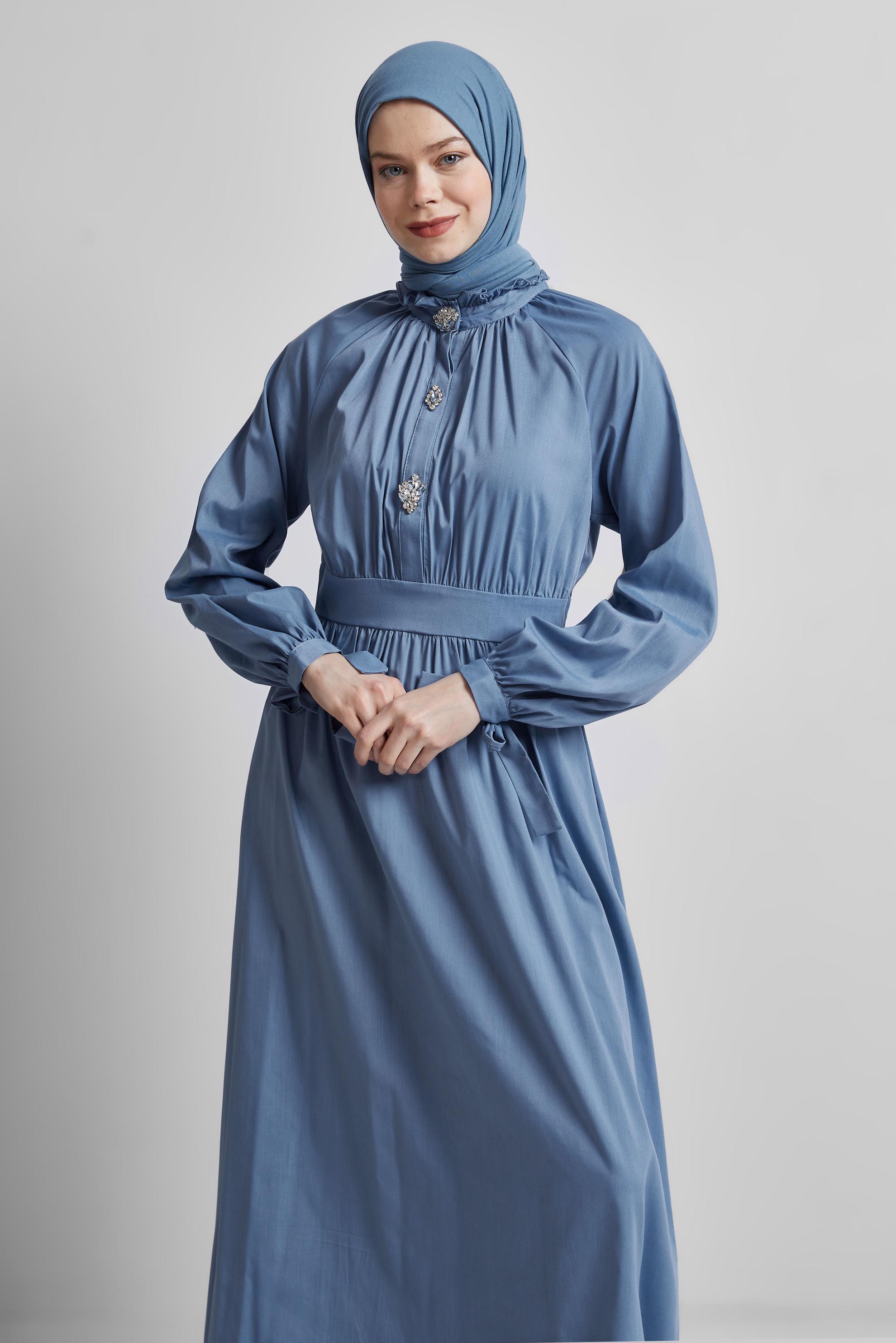 Tesettür giyim LACİVERT TAŞ DETAYLI ELBİSE 44695