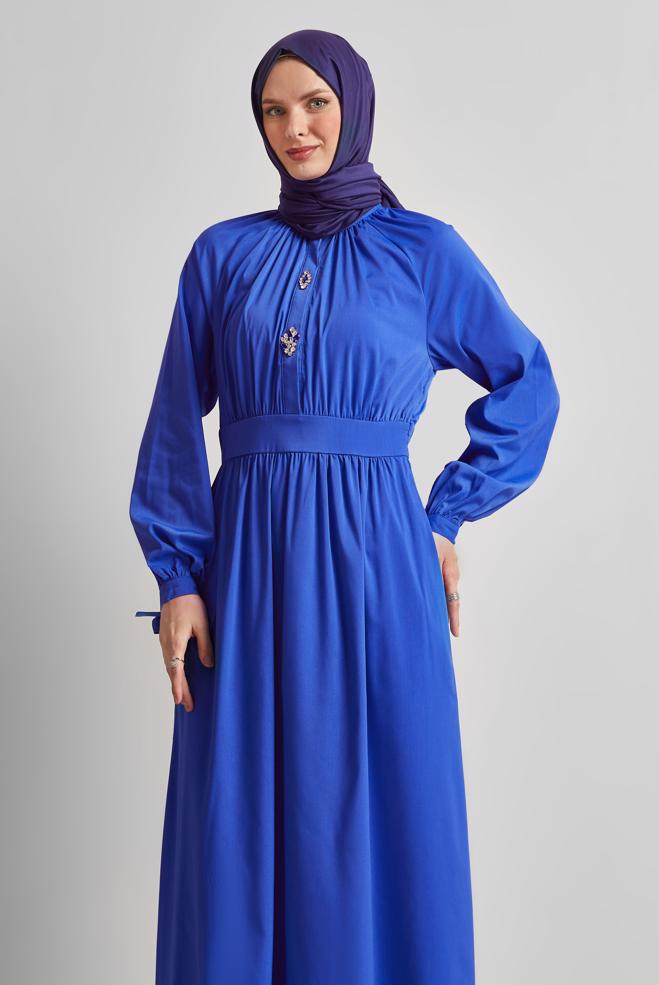 Vêtements hijab BLEU ROBE AVEC DÉTAIL DE BIJOUX 44695 - ALVİNA