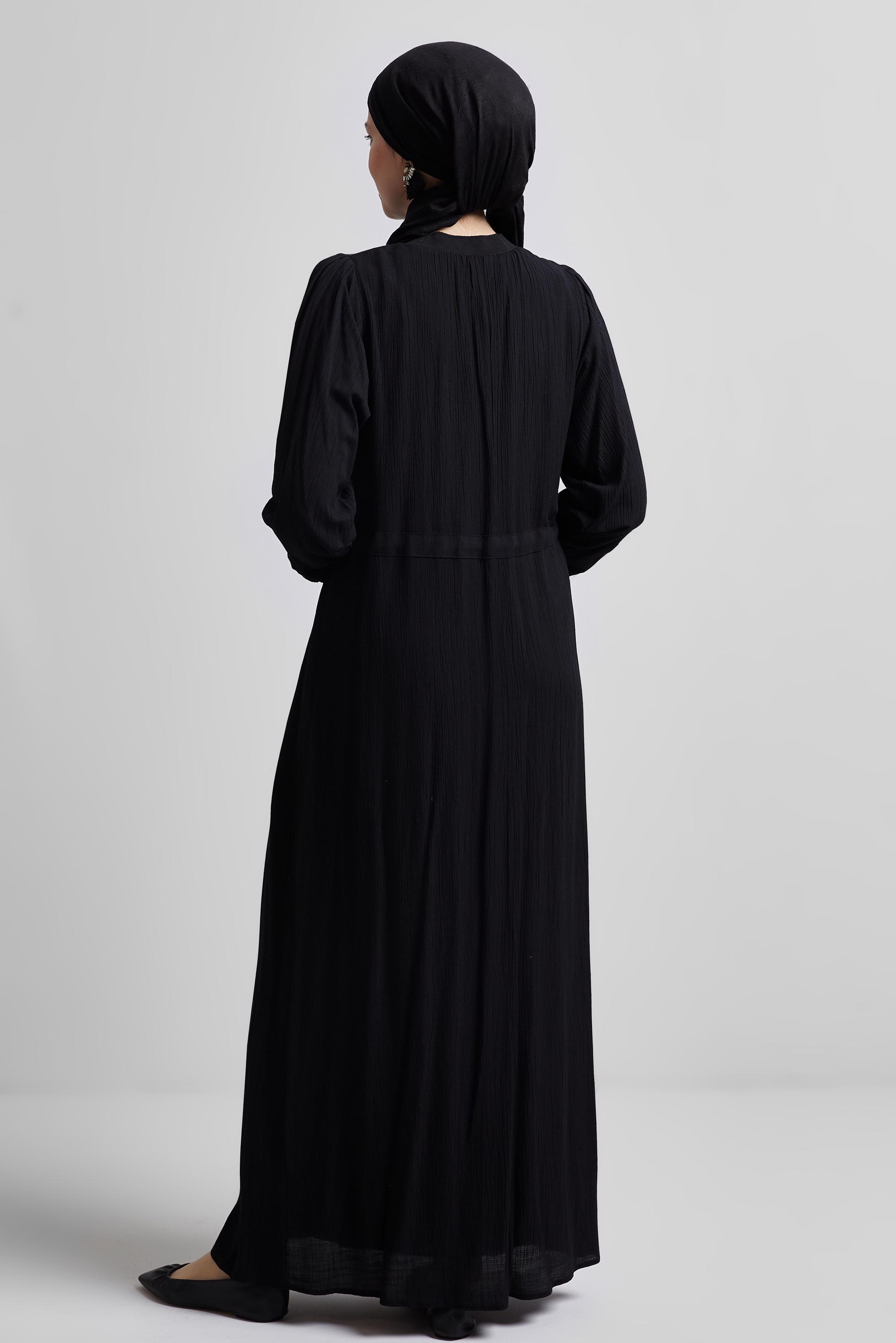 Tesettür giyim SİYAH BELİ BAĞCIKLI ELBİSE 44710