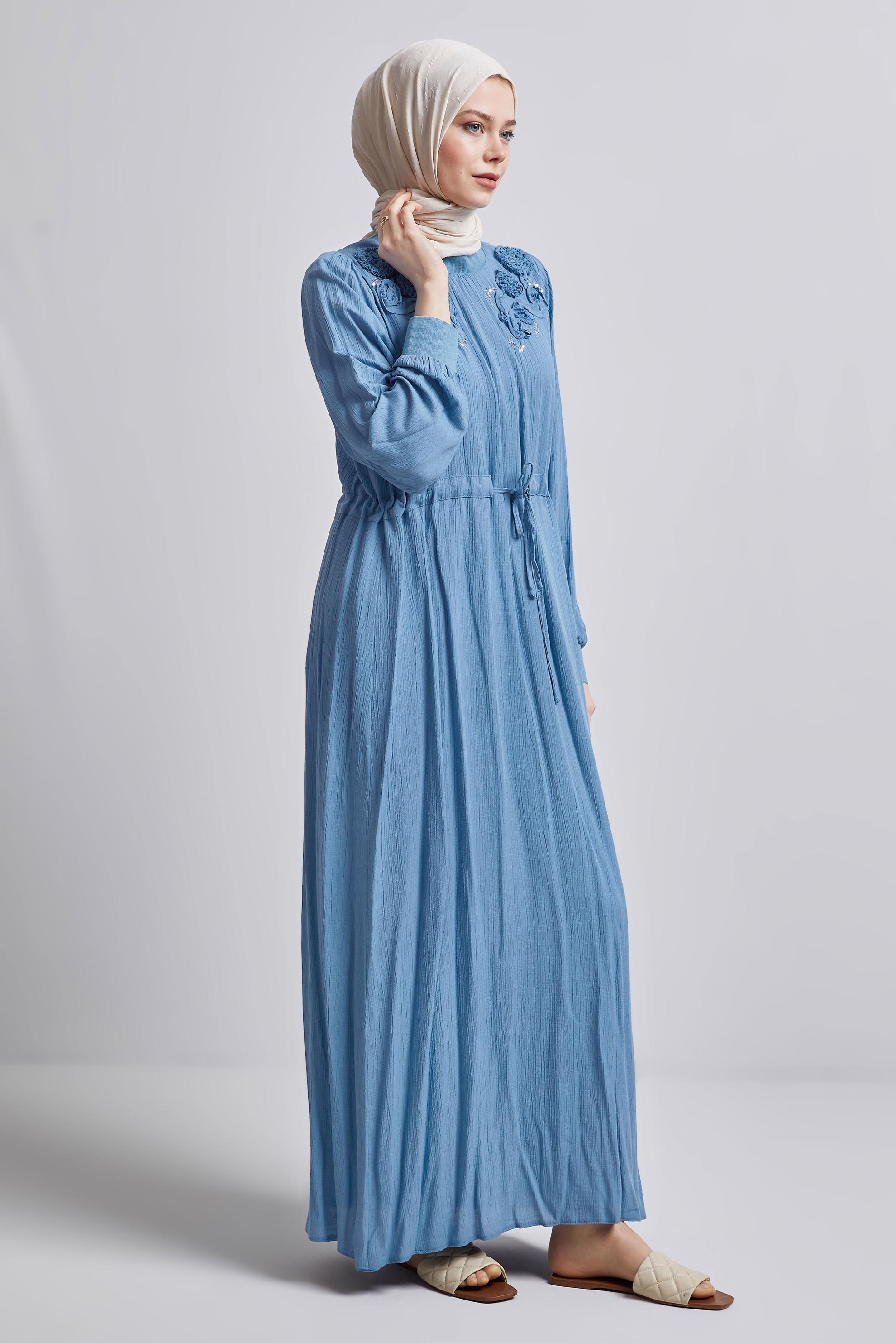 Tesettür giyim LACİVERT BELİ BAĞCIKLI ELBİSE 44710