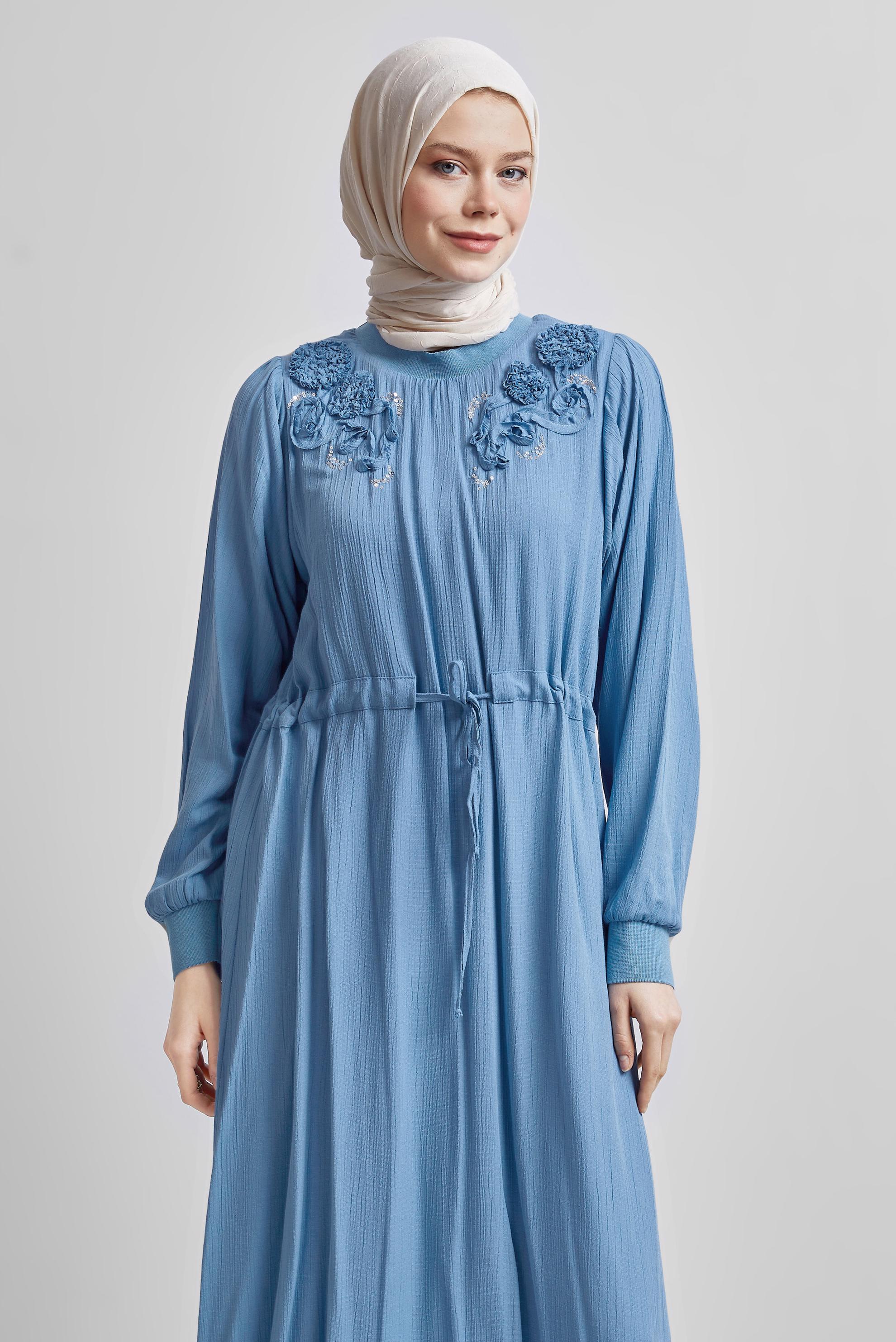 Tesettür giyim LACİVERT BELİ BAĞCIKLI ELBİSE 44710