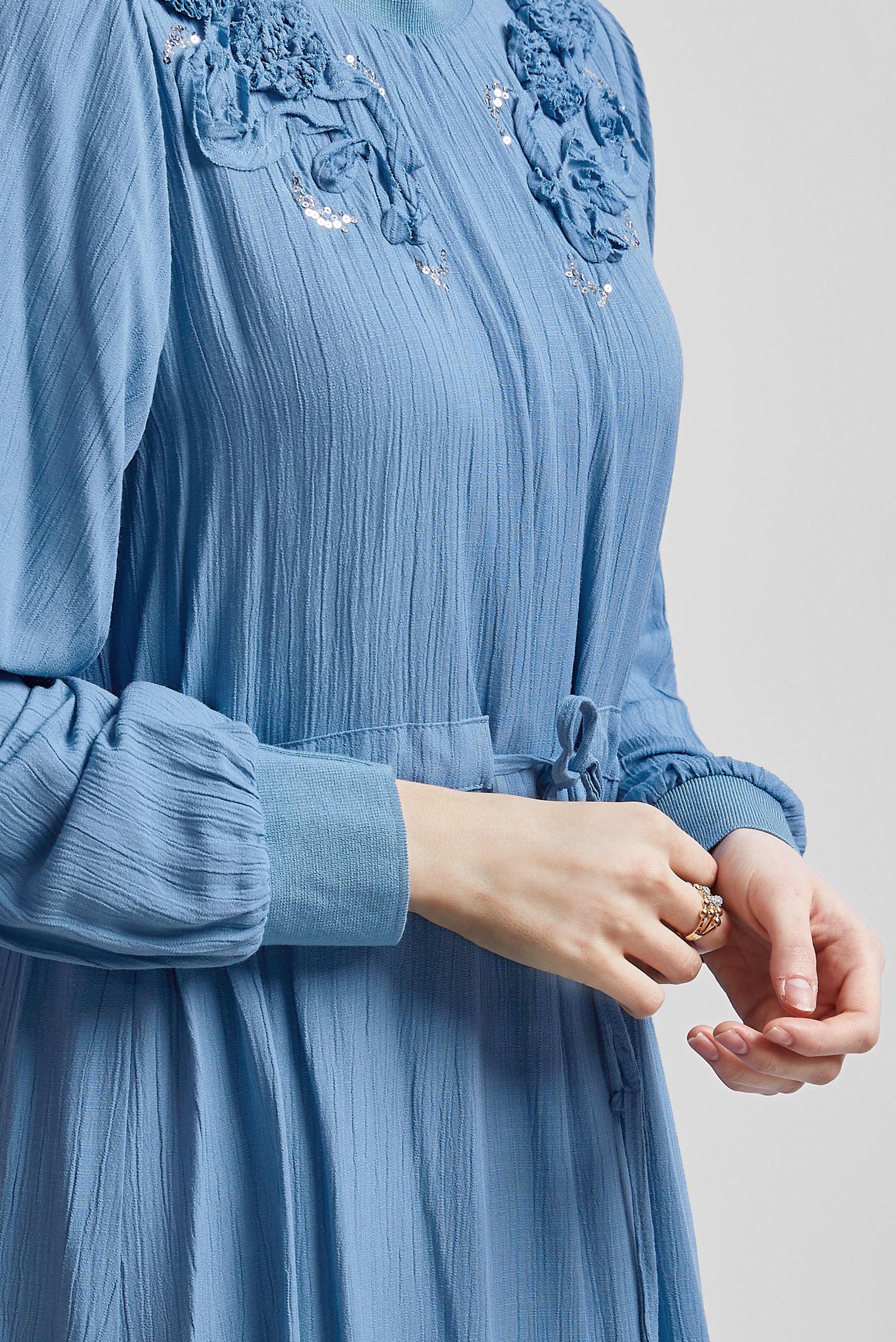 Tesettür giyim LACİVERT BELİ BAĞCIKLI ELBİSE 44710