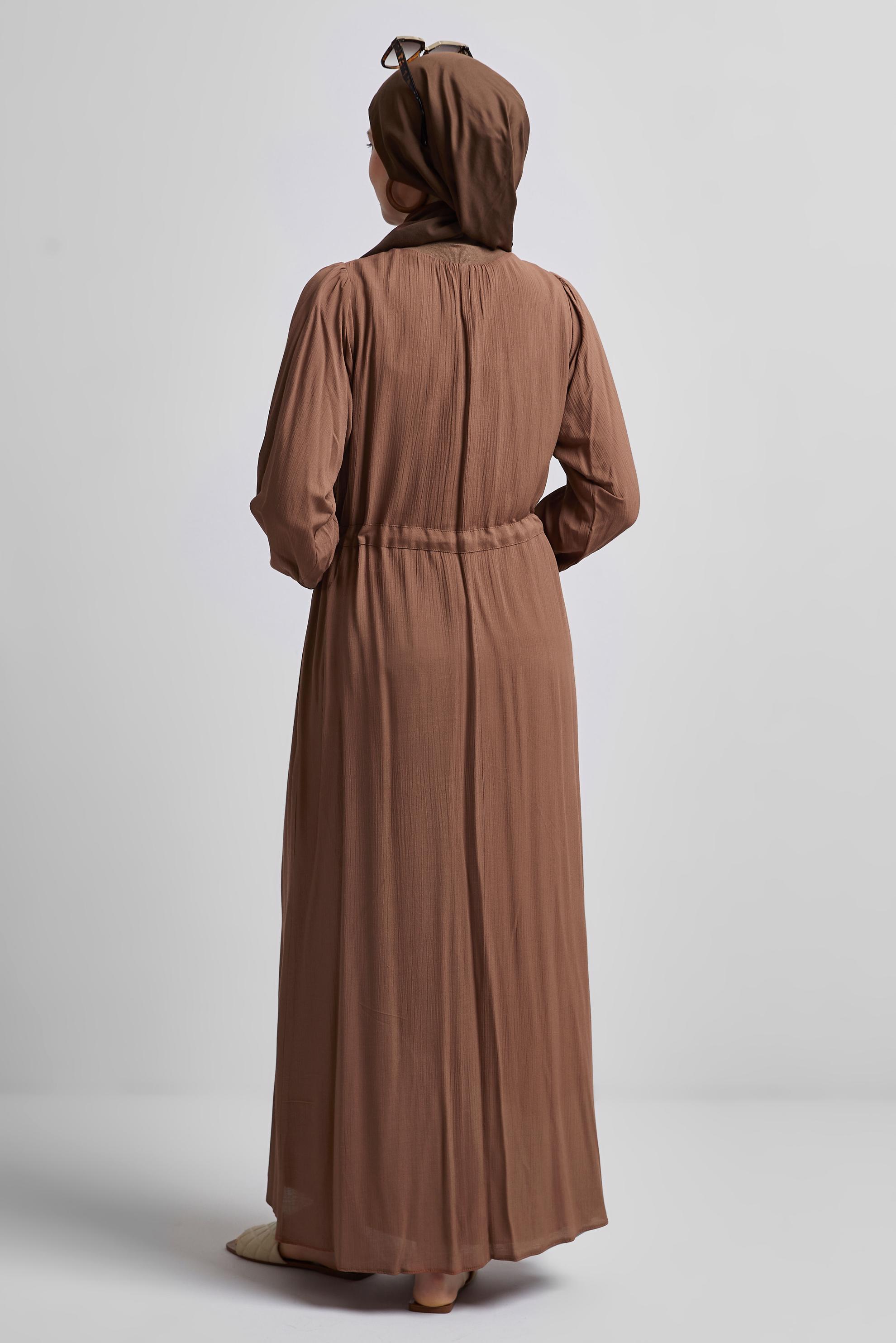 Tesettür giyim KAHVE BELİ BAĞCIKLI ELBİSE 44710