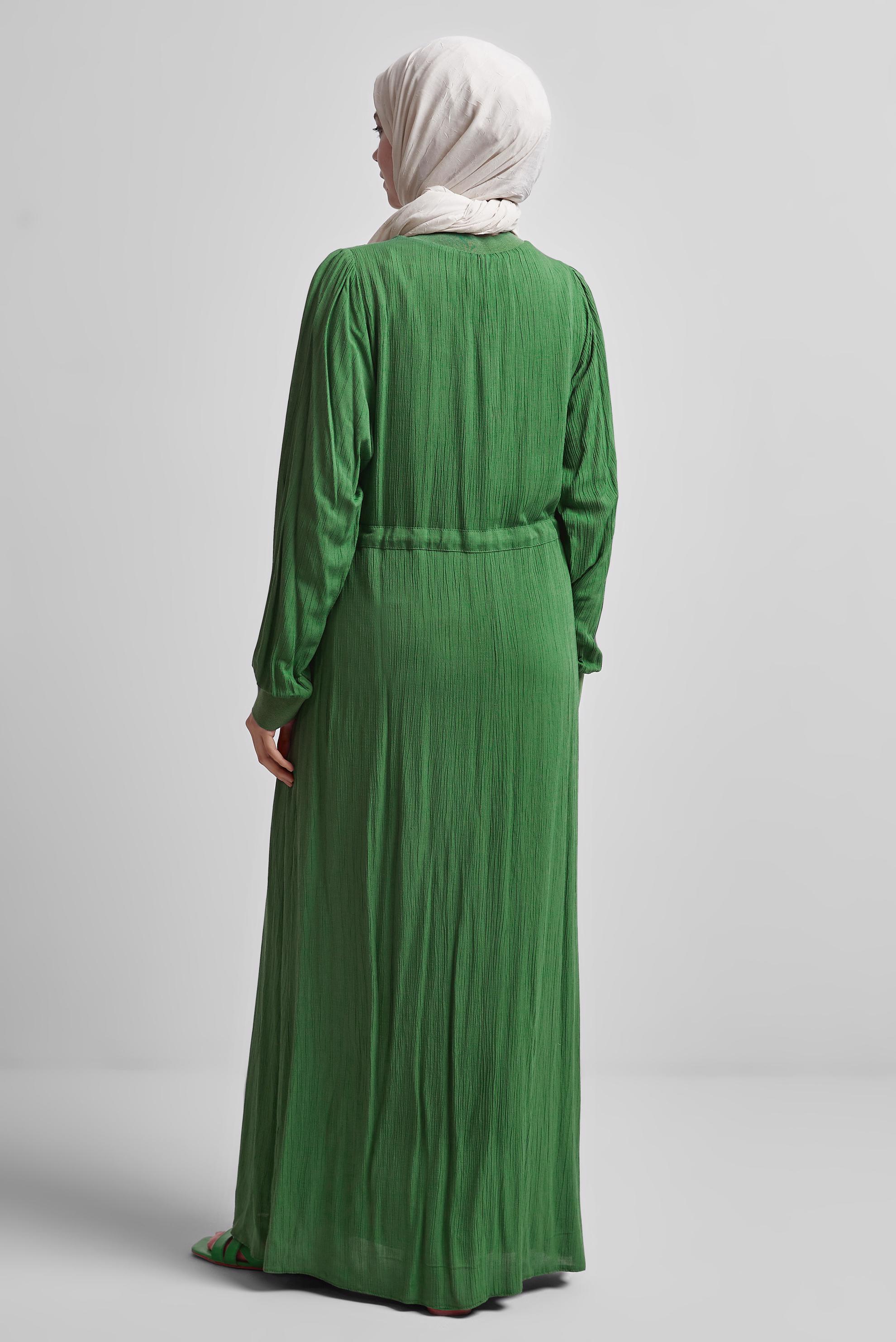 Tesettür giyim YEŞİL BELİ BAĞCIKLI ELBİSE 44710
