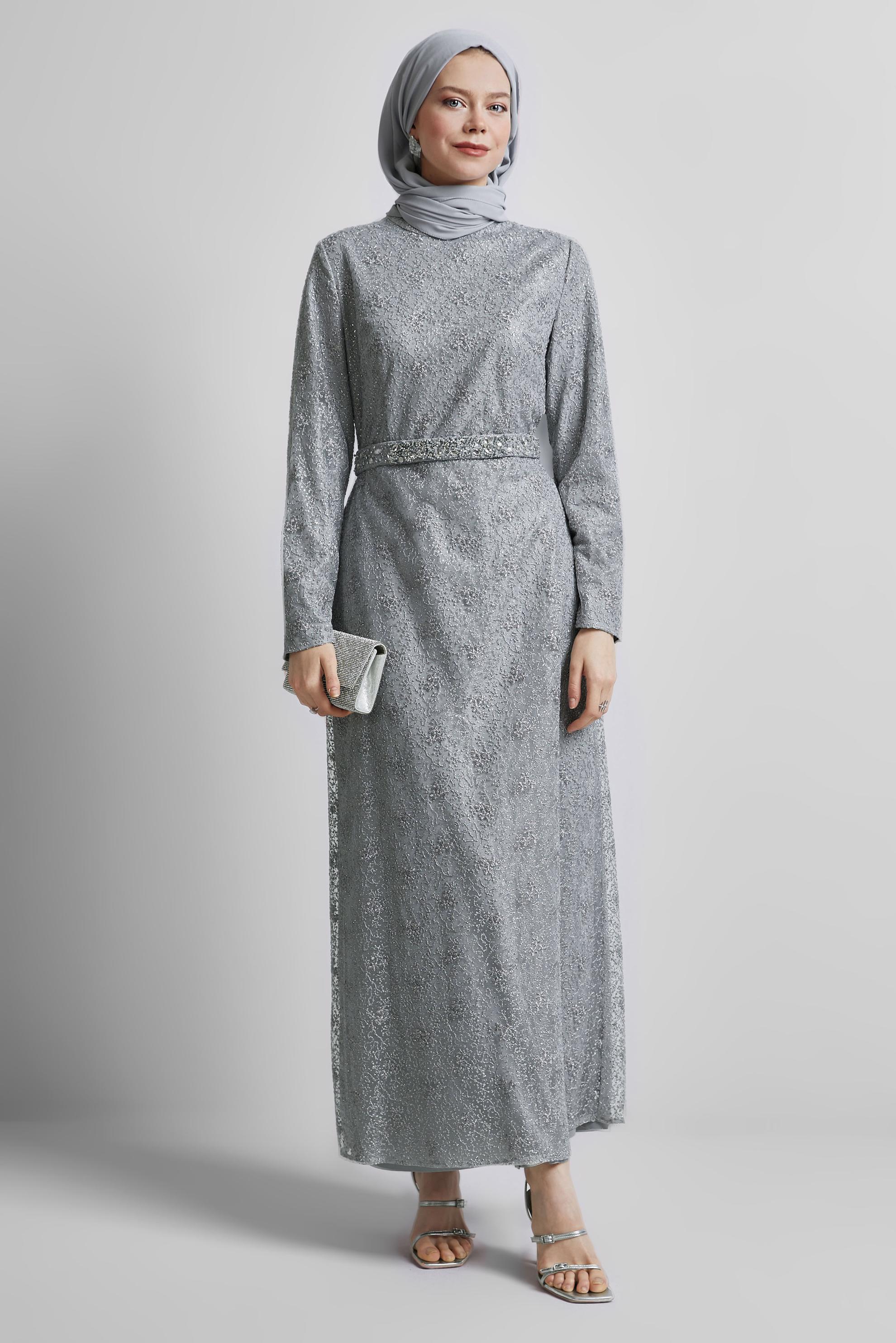 Tesettür giyim GRİ SİMLİ ELBİSE 44778
