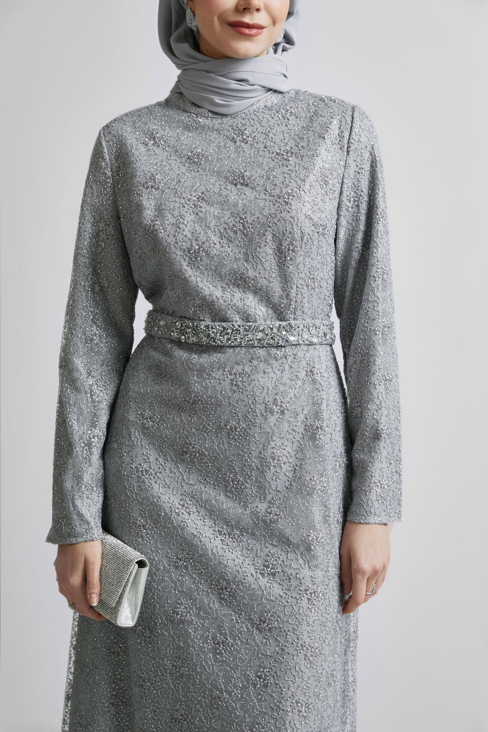 Tesettür giyim GRİ SİMLİ ELBİSE 44778