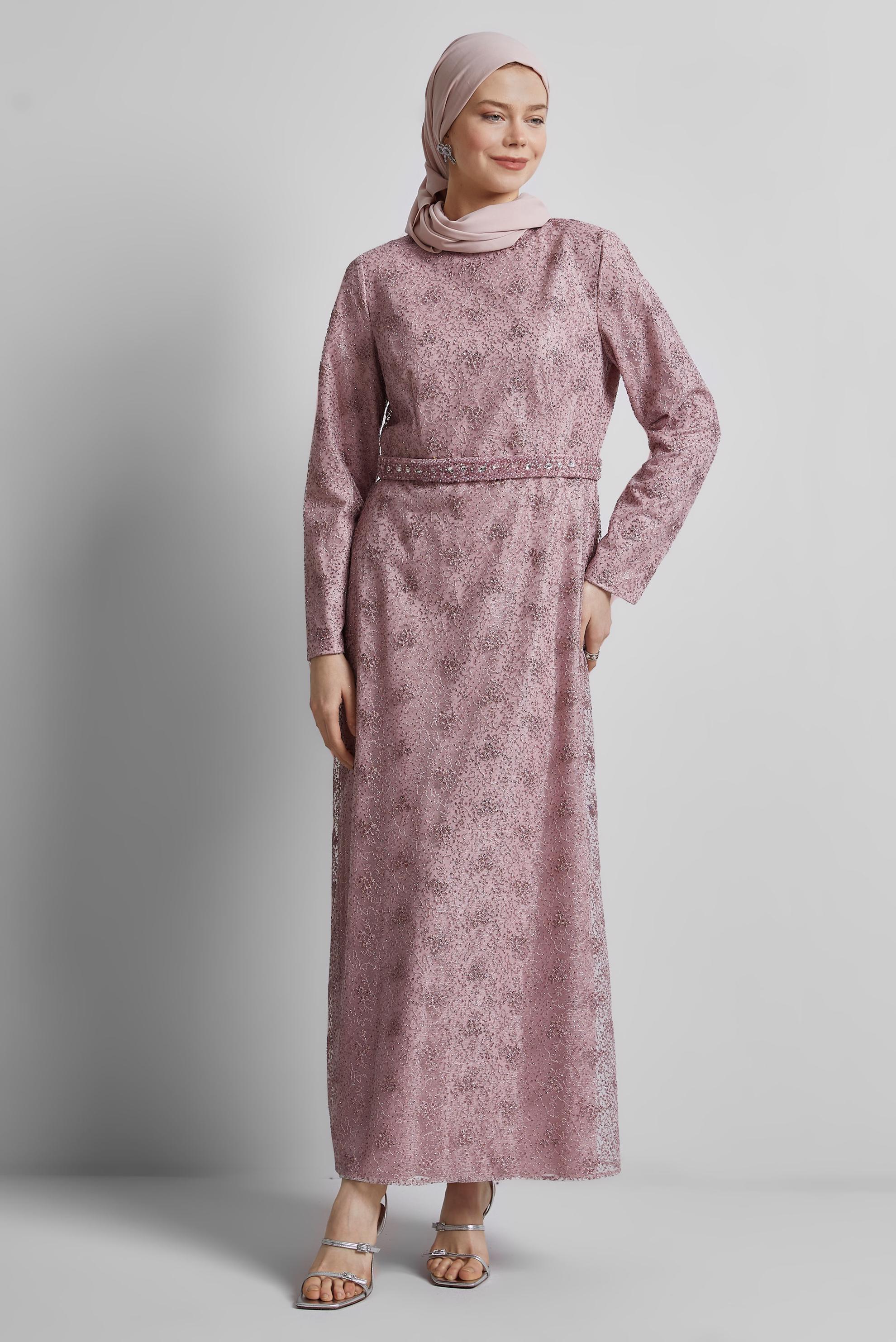Tesettür giyim PUDRA SİMLİ ELBİSE 44778