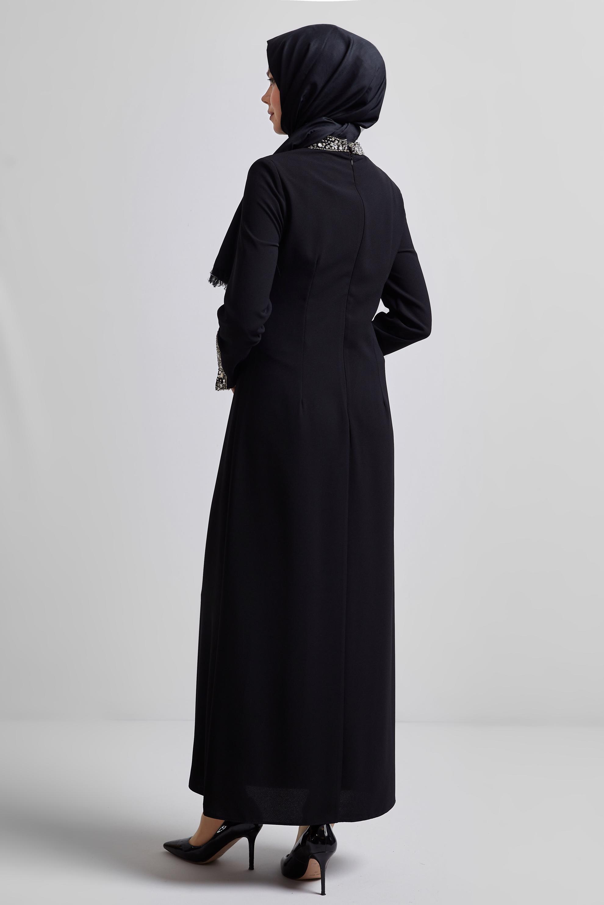 Tesettür giyim SİYAH TAŞ BASKILI ELBİSE 45223