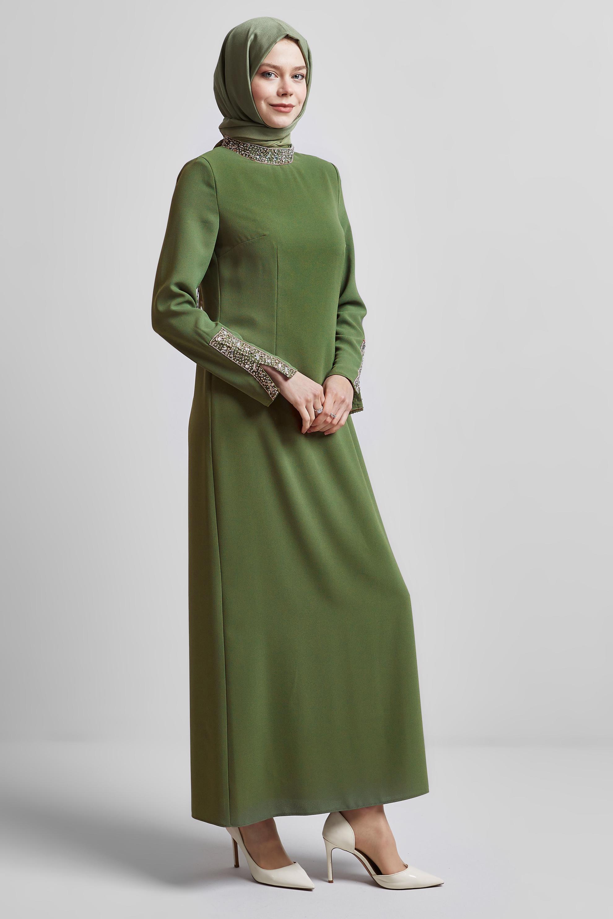 Tesettür giyim HAKİ TAŞ BASKILI ELBİSE 45223