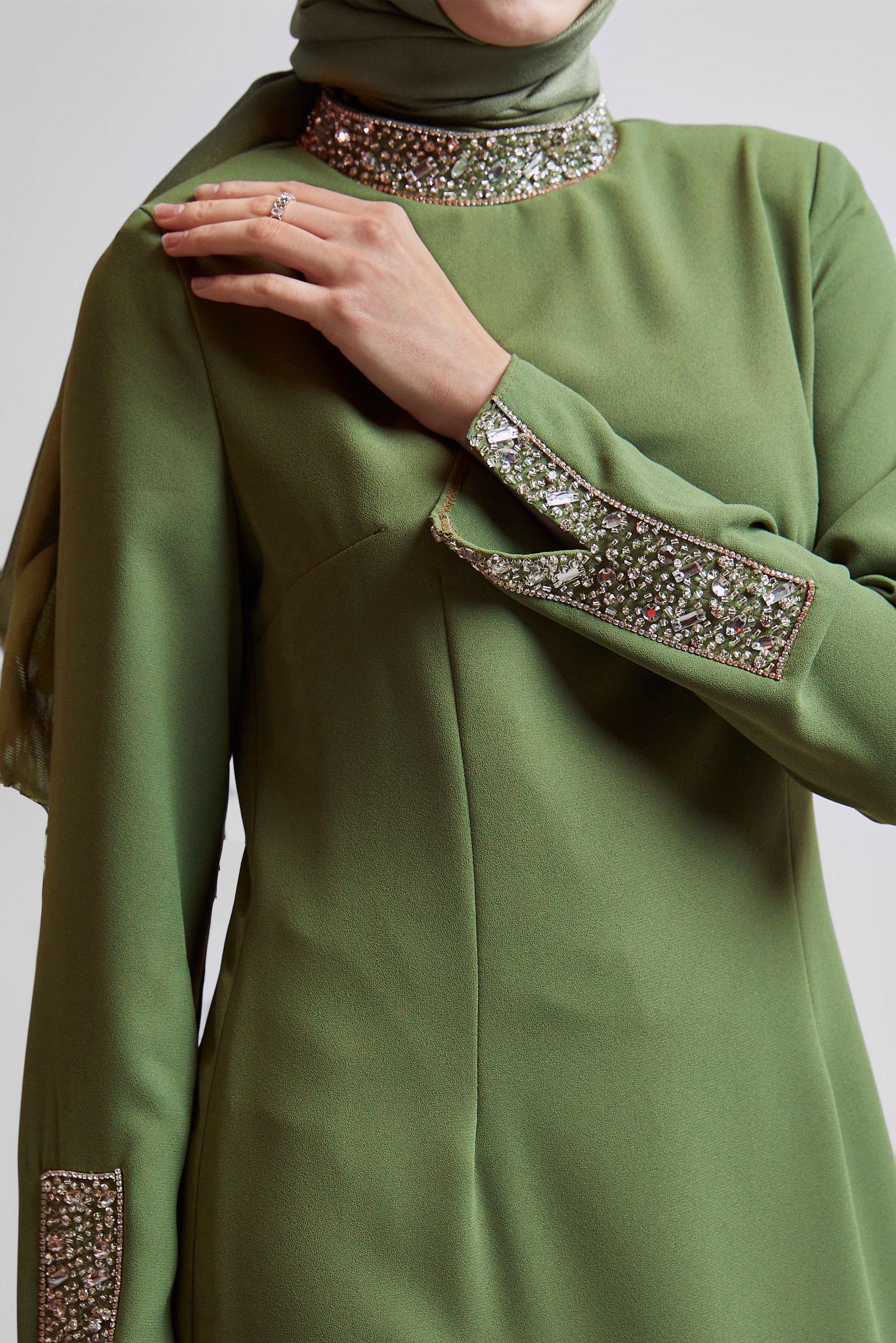 Tesettür giyim HAKİ TAŞ BASKILI ELBİSE 45223