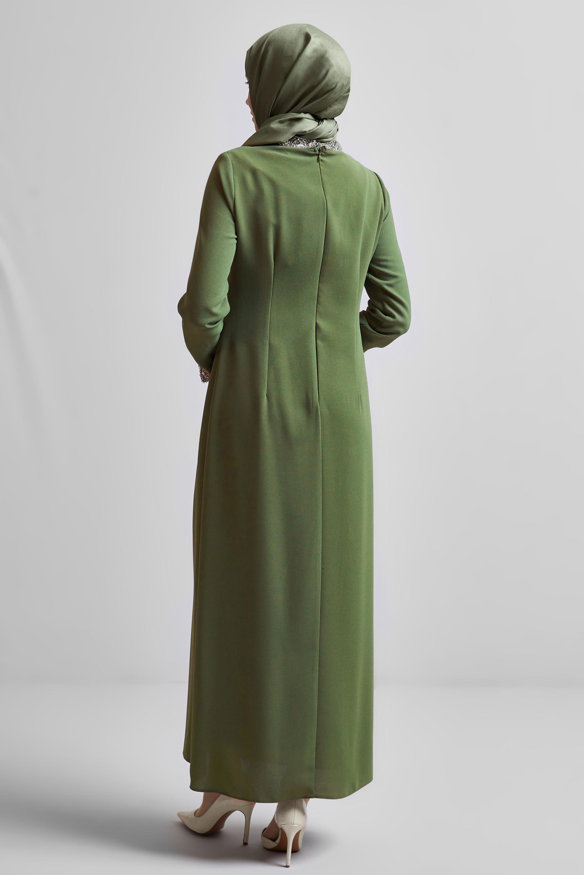 Tesettür giyim HAKİ TAŞ BASKILI ELBİSE 45223