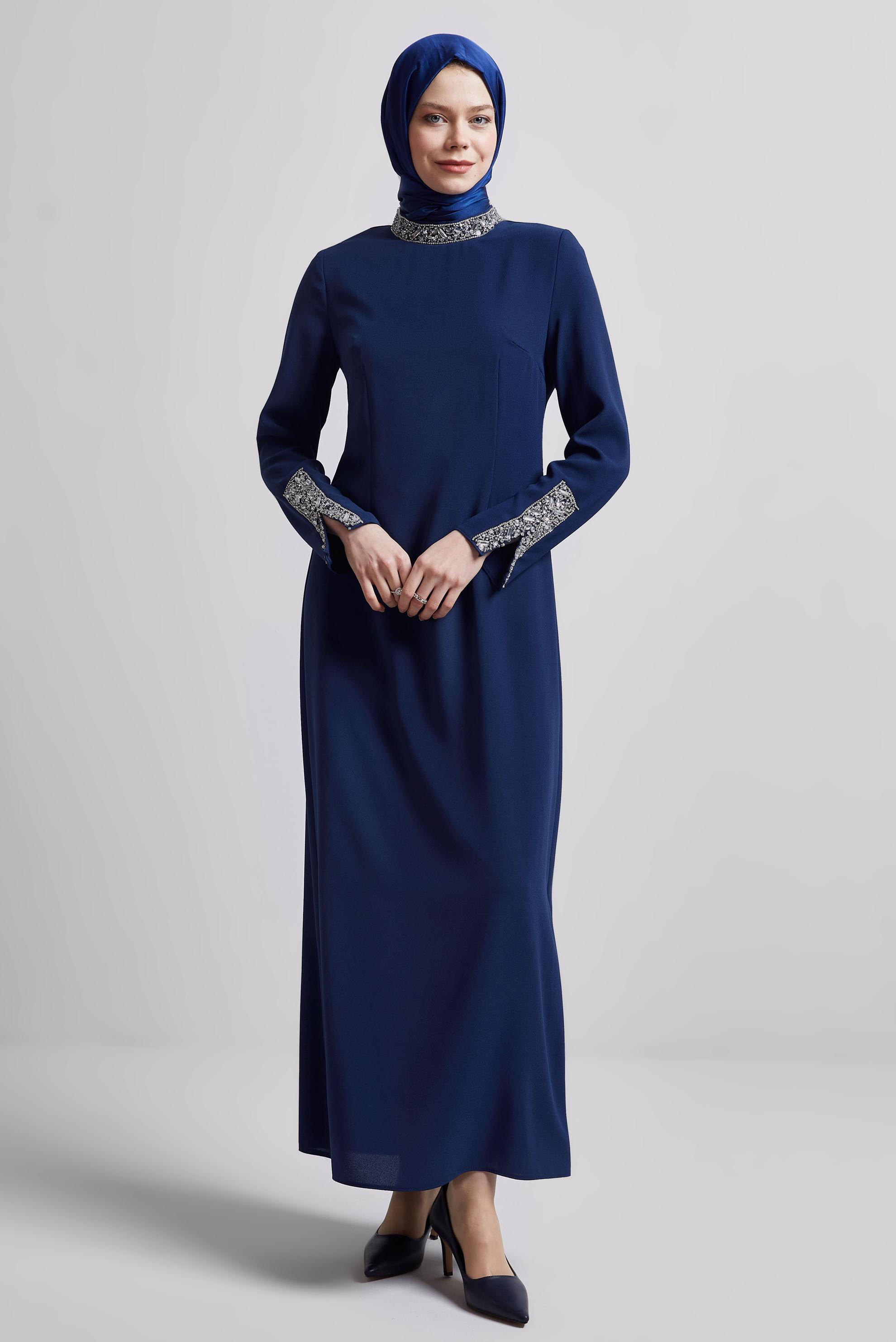 Tesettür giyim LACİVERT TAŞ BASKILI ELBİSE 45223