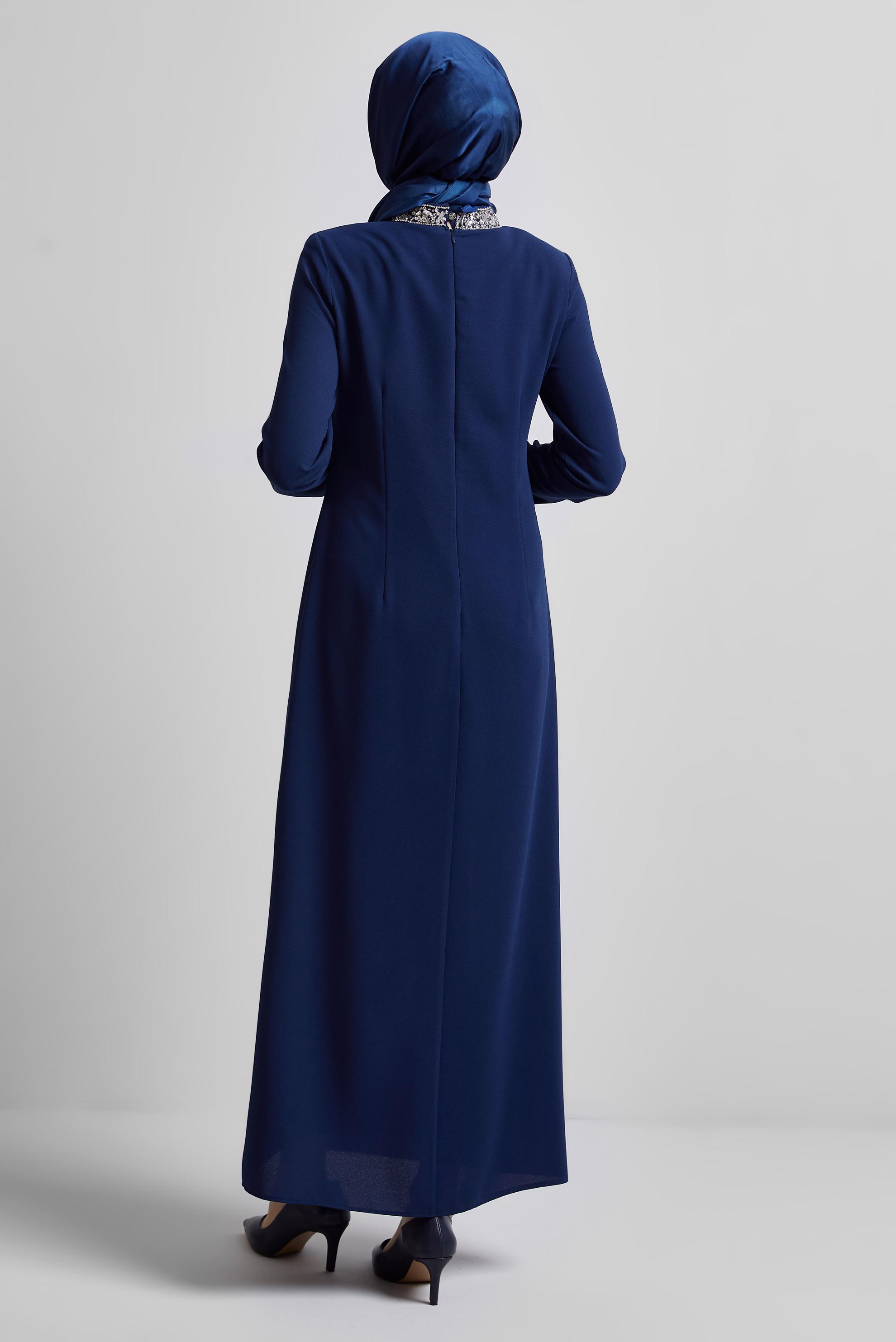 Tesettür giyim LACİVERT TAŞ BASKILI ELBİSE 45223