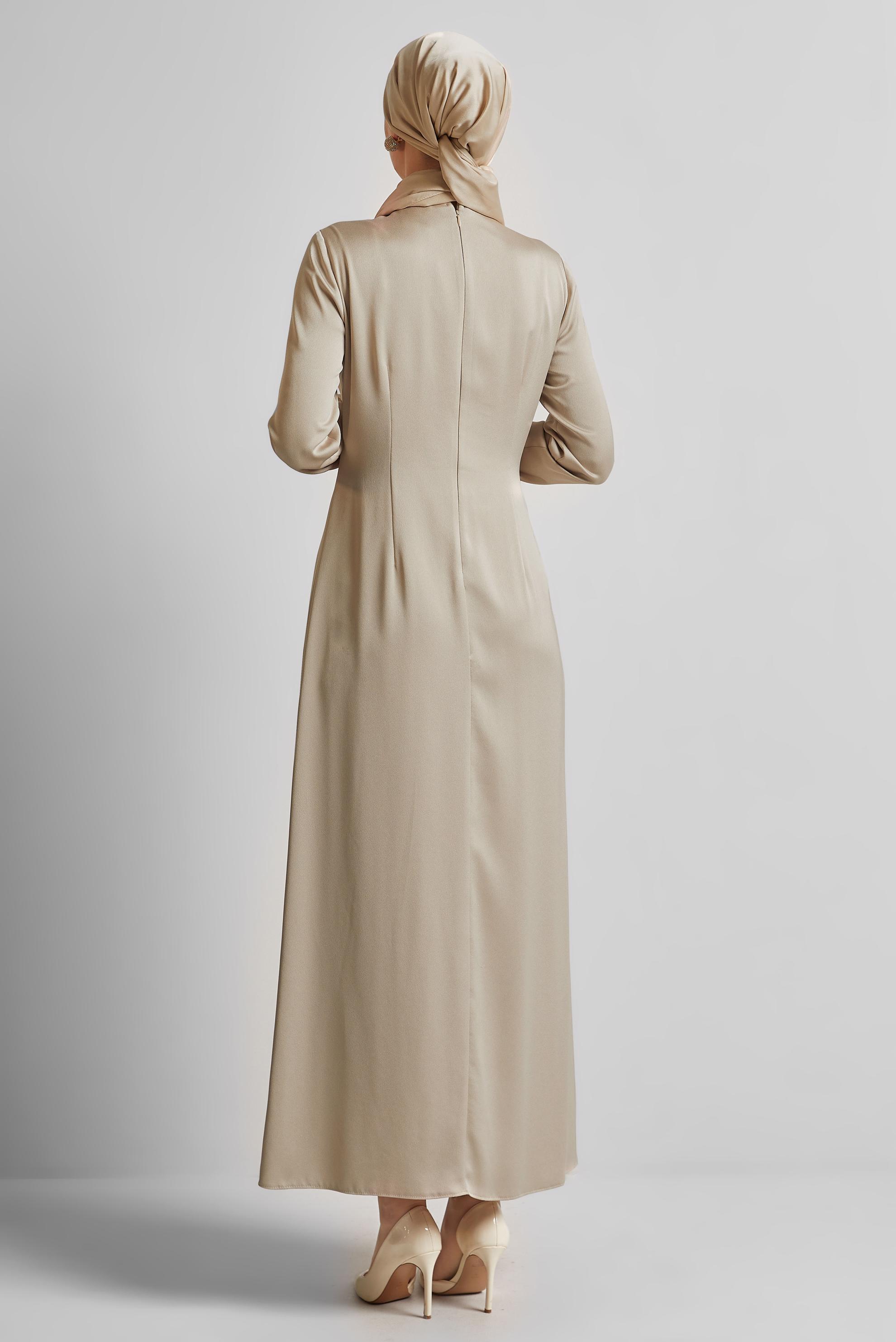 Tesettür giyim BEJ TAŞ DETAYLI ABİYE ELBİSE 45321