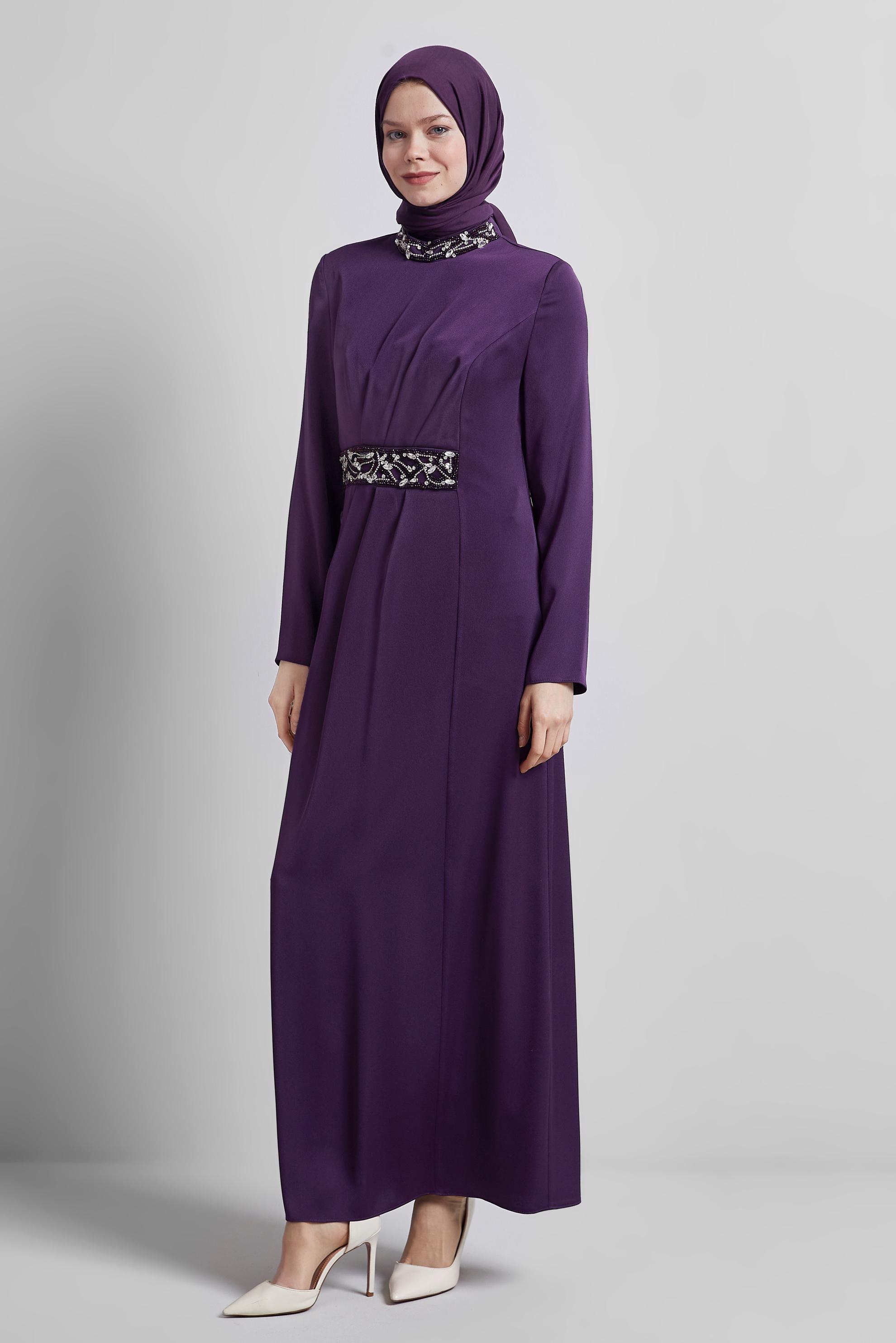 Tesettür giyim MOR TAŞ DETAYLI ABİYE ELBİSE 45321