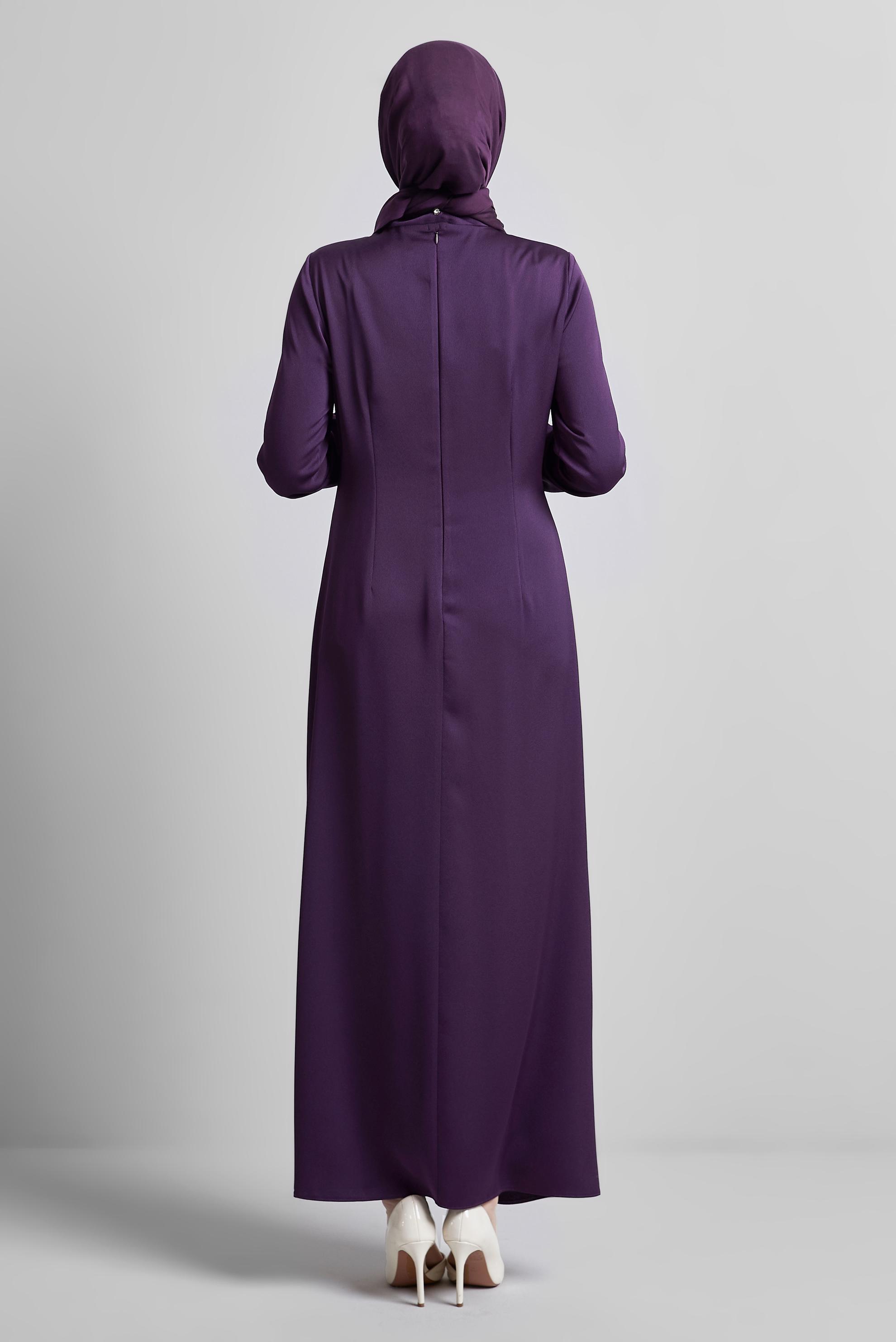 Tesettür giyim MOR TAŞ DETAYLI ABİYE ELBİSE 45321