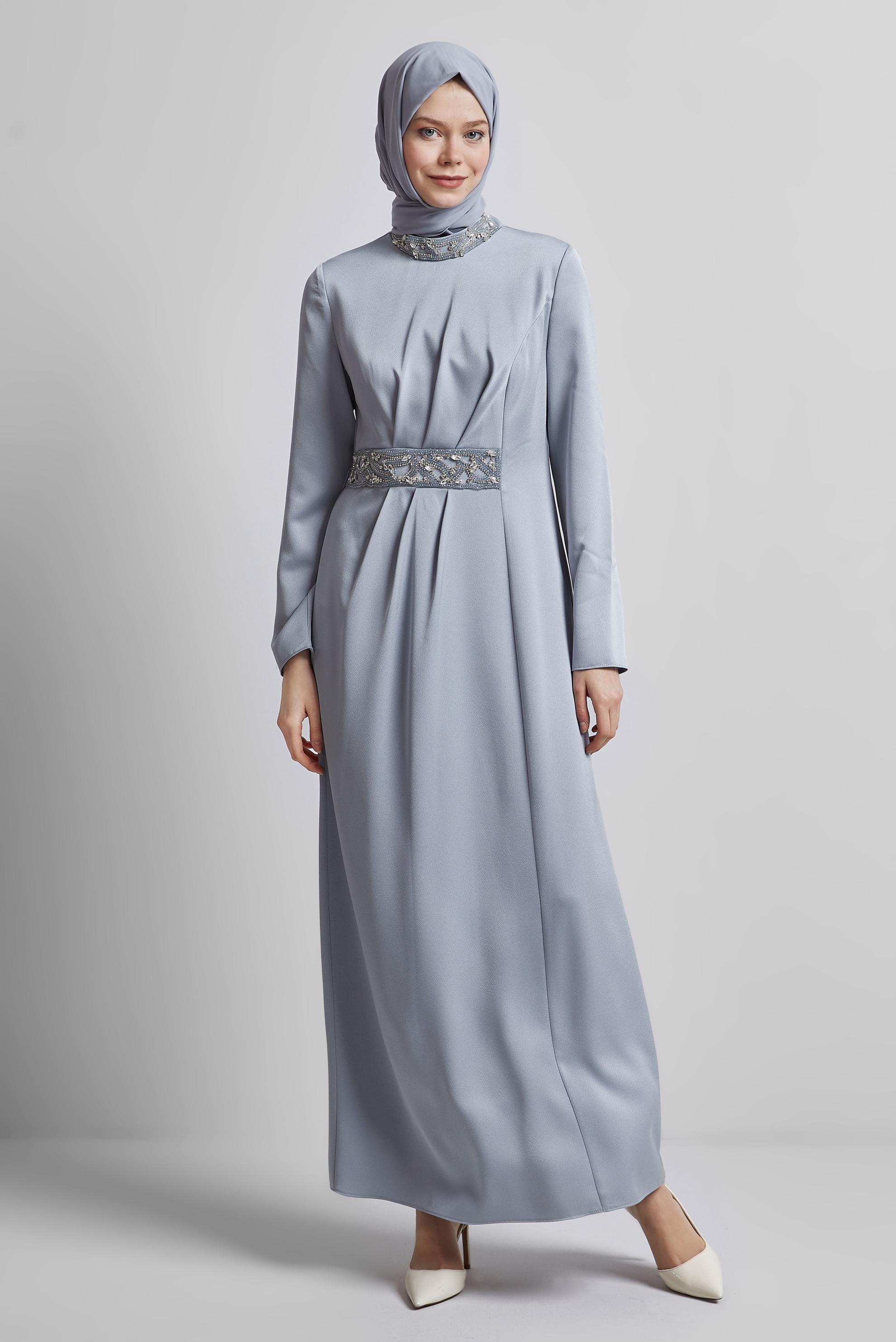 Vêtements hijab GRIS ROBE DE SOIRÉE AVEC BIJOU 45321