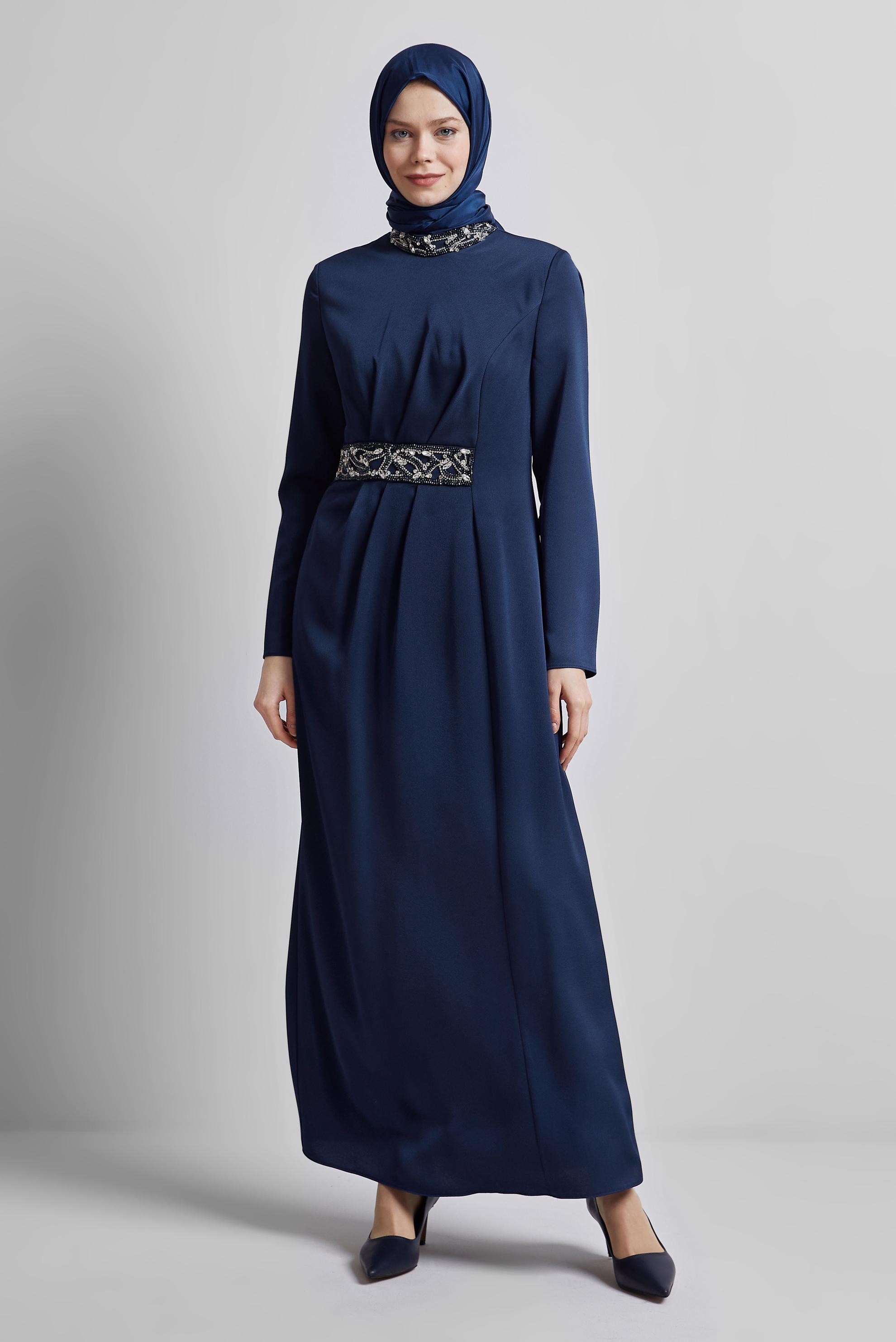 Tesettür giyim LACİVERT TAŞ DETAYLI ABİYE ELBİSE 45321