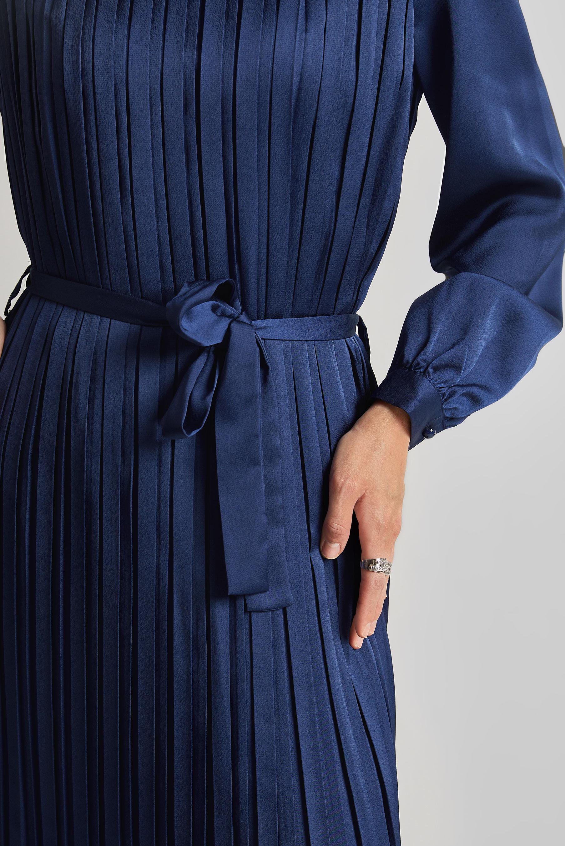 Tesettür giyim LACİVERT KUŞAKLI SATEN ELBİSE 45327