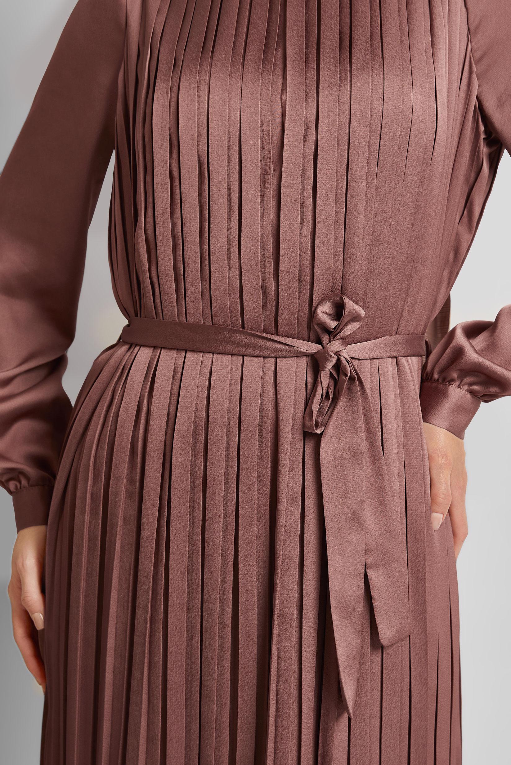 Tesettür giyim VİZON KUŞAKLI SATEN ELBİSE 45327