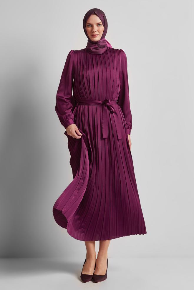 Vêtements hijab BEIGE ROBE EN SATIN CEINTURÉE 45327 - ALVİNA