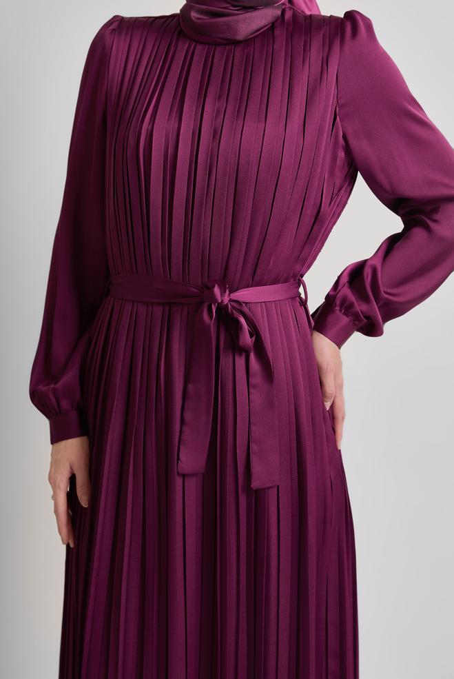 Vêtements hijab BEIGE ROBE EN SATIN CEINTURÉE 45327 - ALVİNA