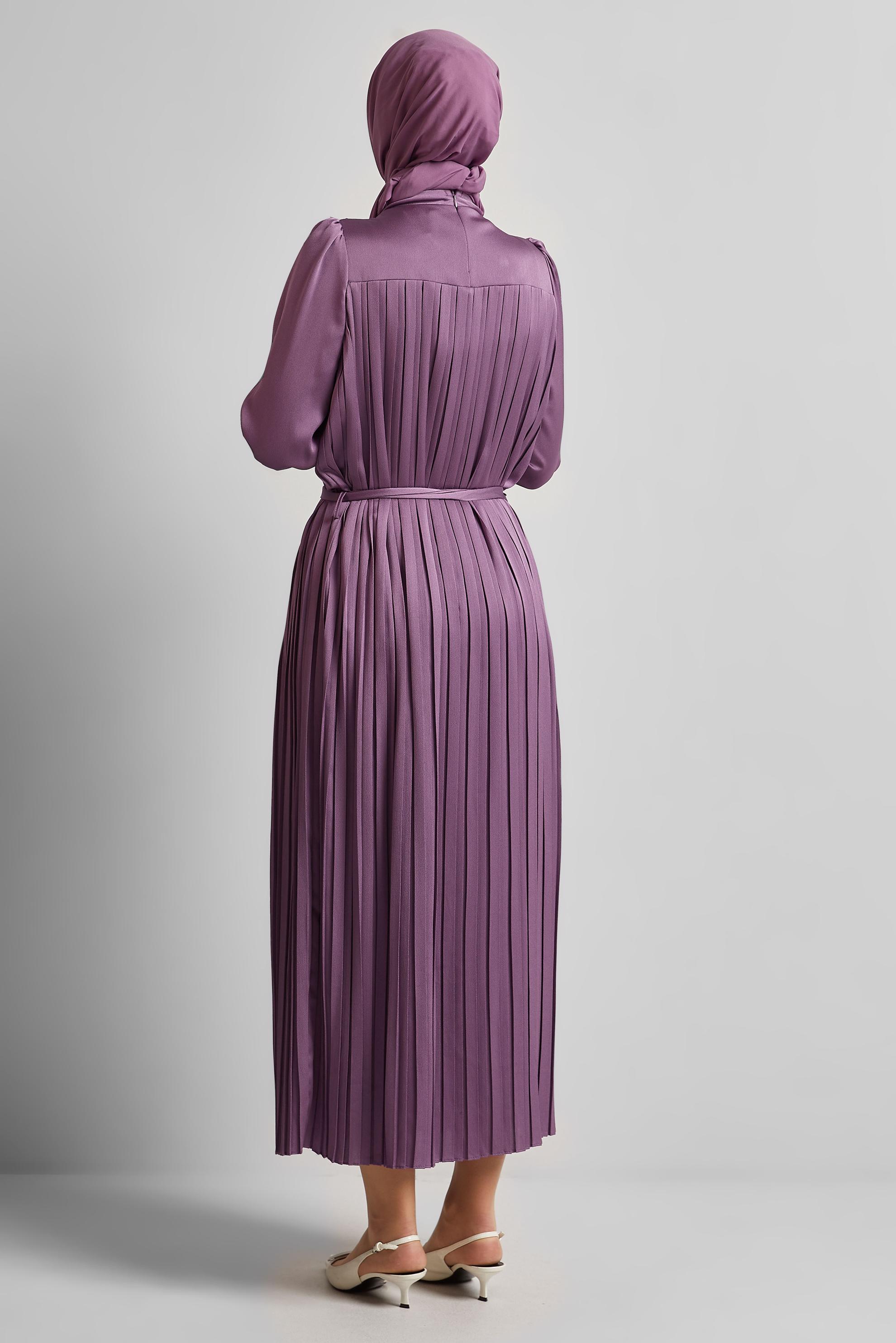 Tesettür giyim MÜRDÜM KUŞAKLI SATEN ELBİSE 45327