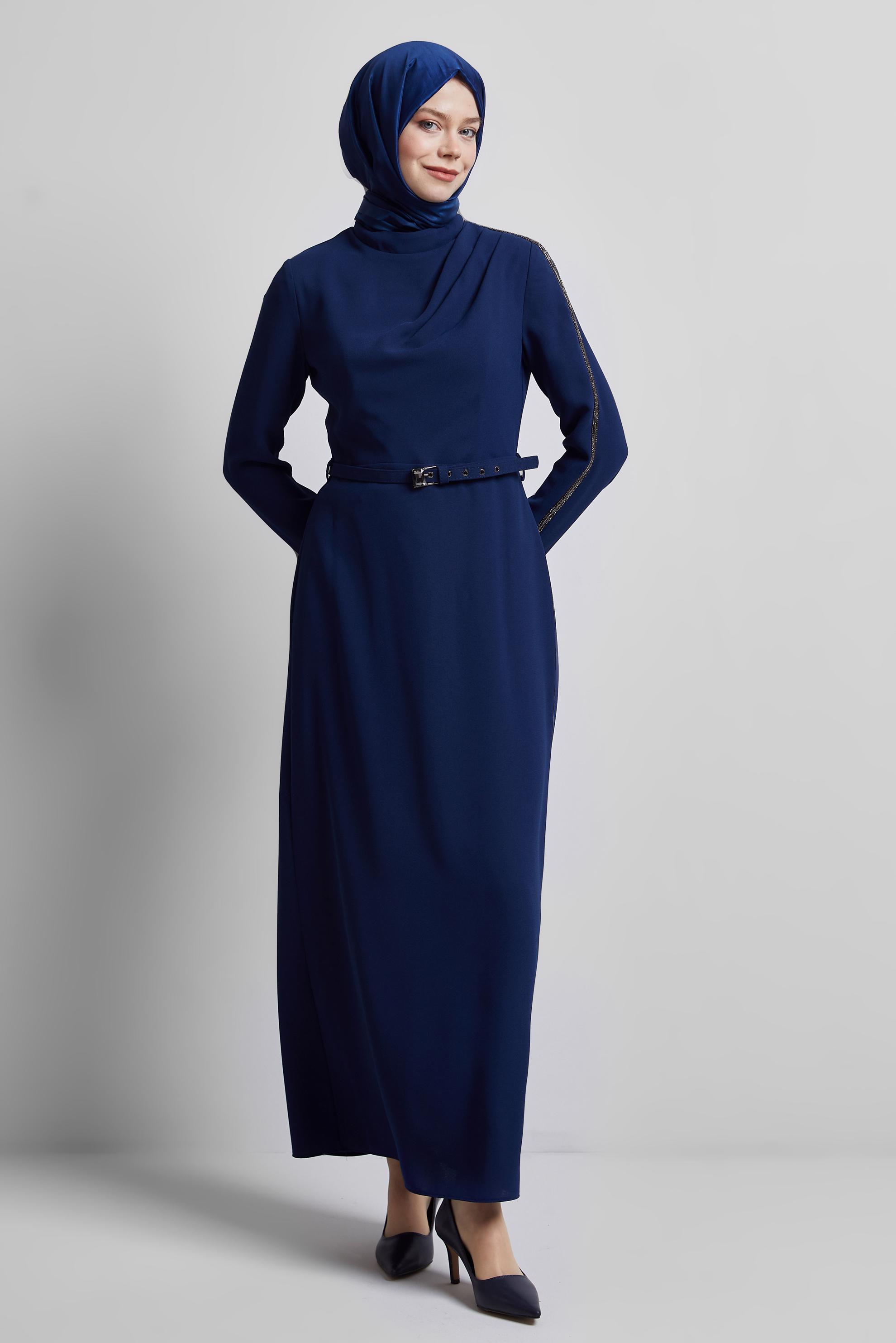 Tesettür giyim LACİVERT KEMERLİ ELBİSE 45333