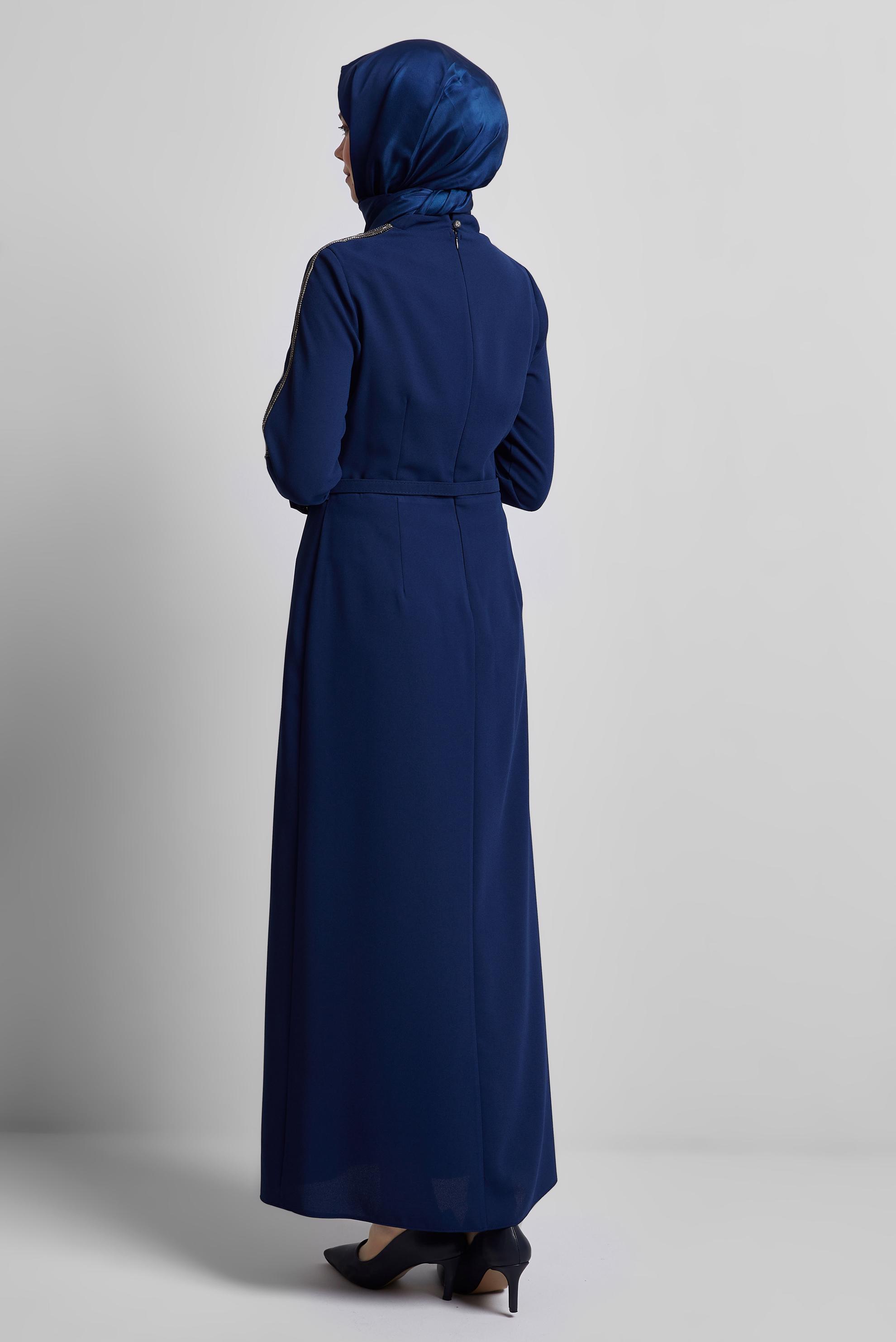 Tesettür giyim LACİVERT KEMERLİ ELBİSE 45333