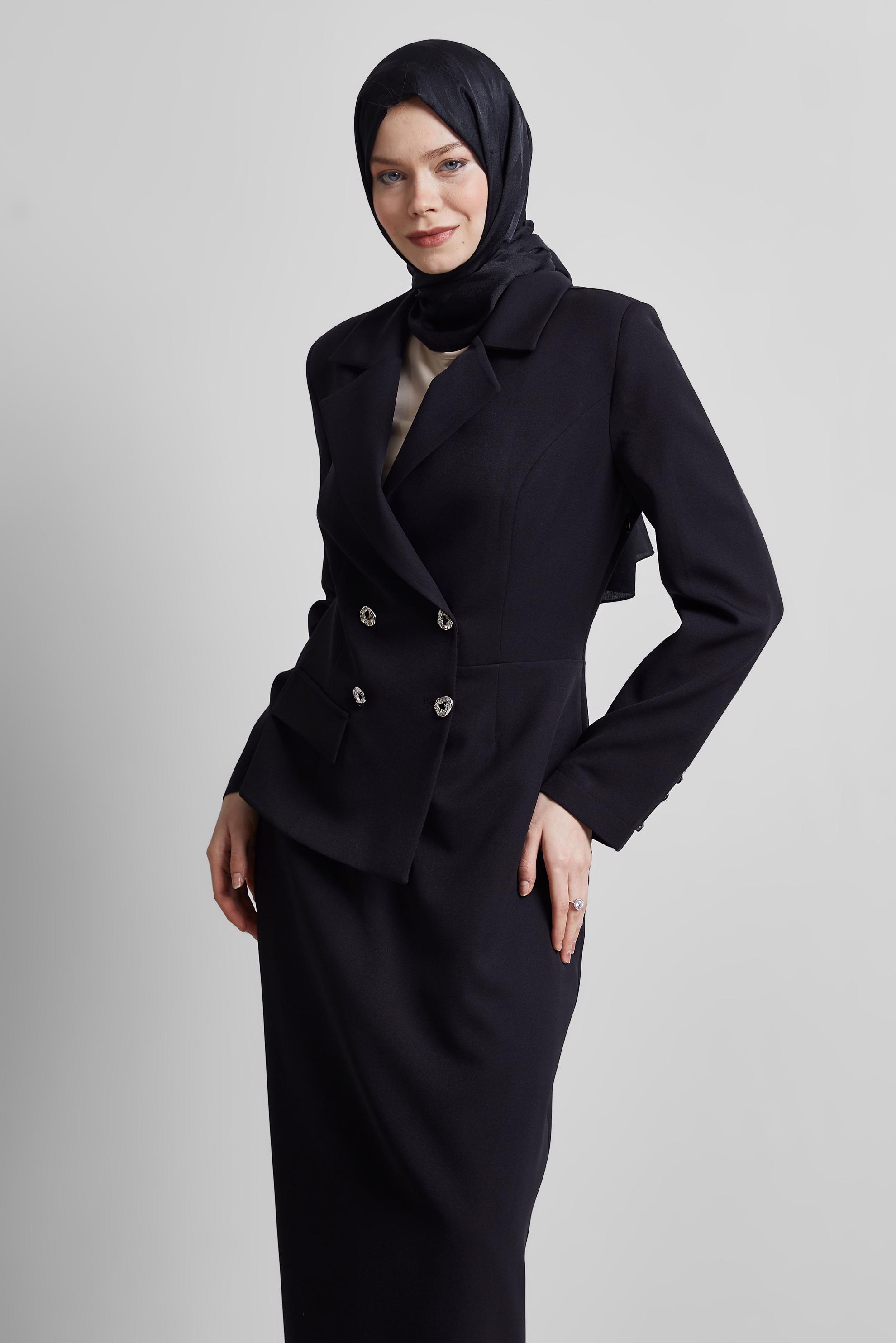 Tesettür giyim SİYAH CEKET GÖRÜNÜMLÜ ELBİSE 45335