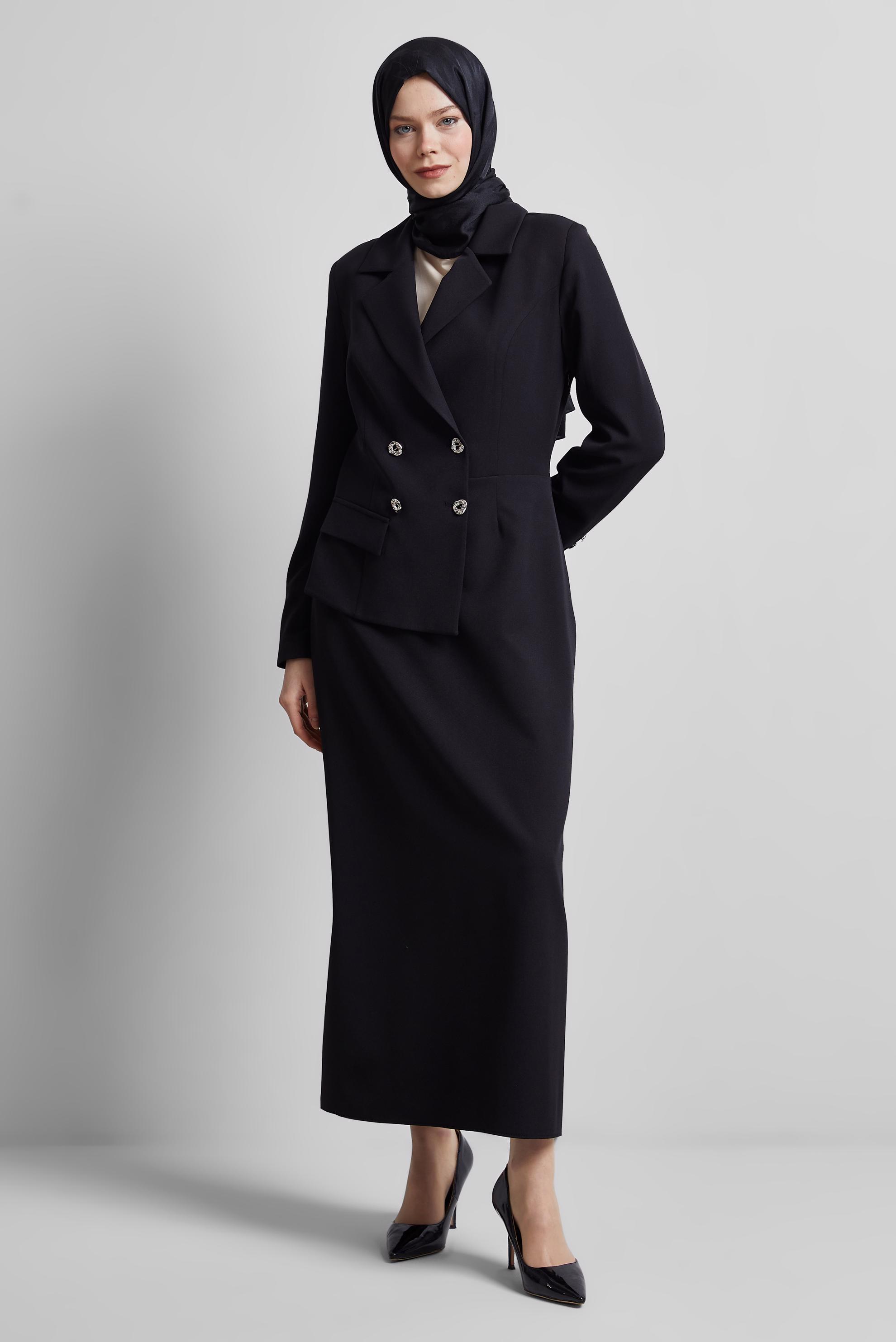 Tesettür giyim SİYAH CEKET GÖRÜNÜMLÜ ELBİSE 45335