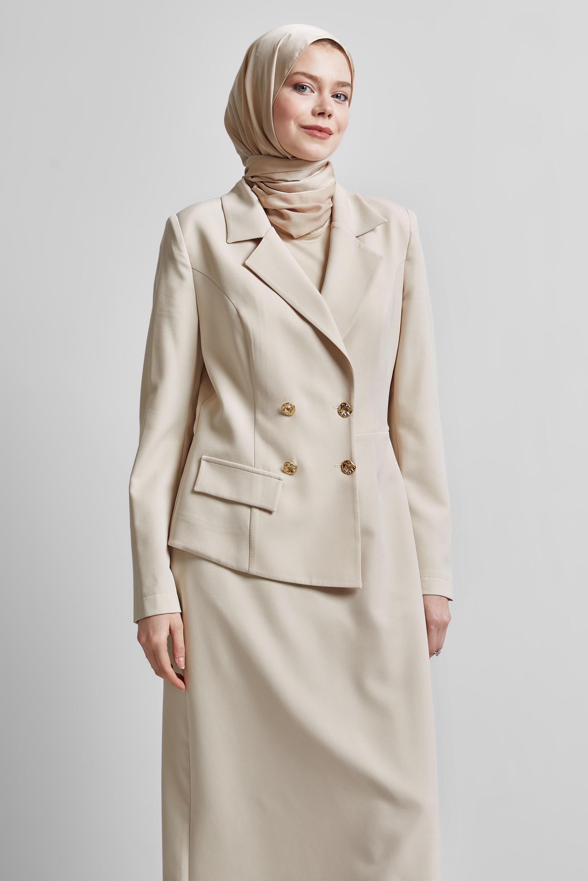 Tesettür giyim EKRU CEKET GÖRÜNÜMLÜ ELBİSE 45335