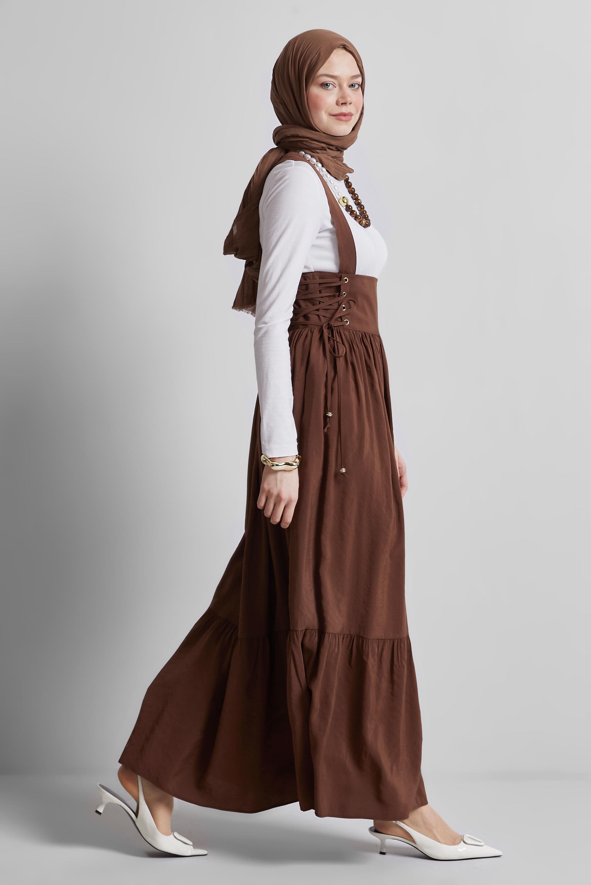 Tesettür giyim KAHVE BAĞLAMA DETAYLI JİLE ELBİSE 45340