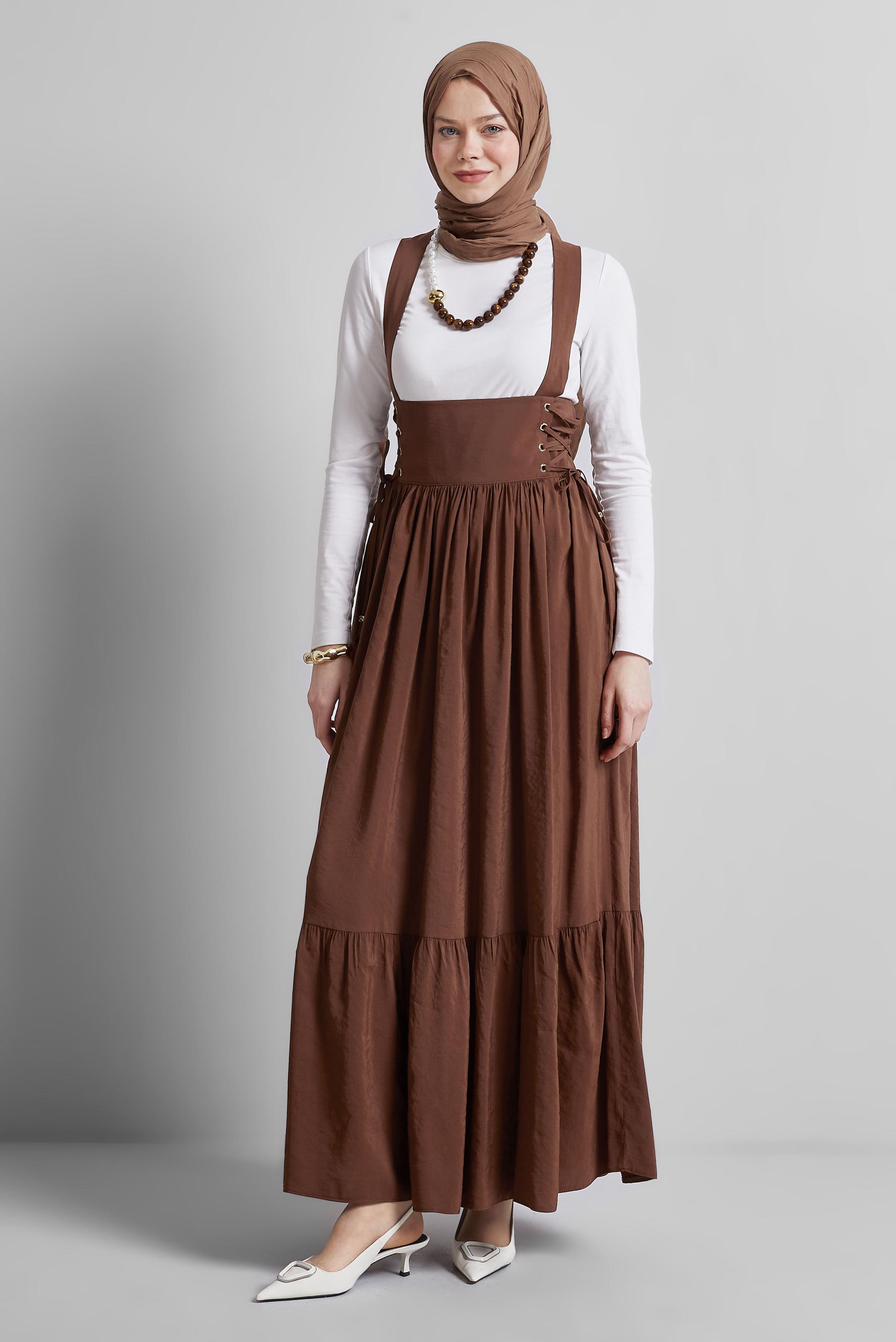 Tesettür giyim KAHVE BAĞLAMA DETAYLI JİLE ELBİSE 45340