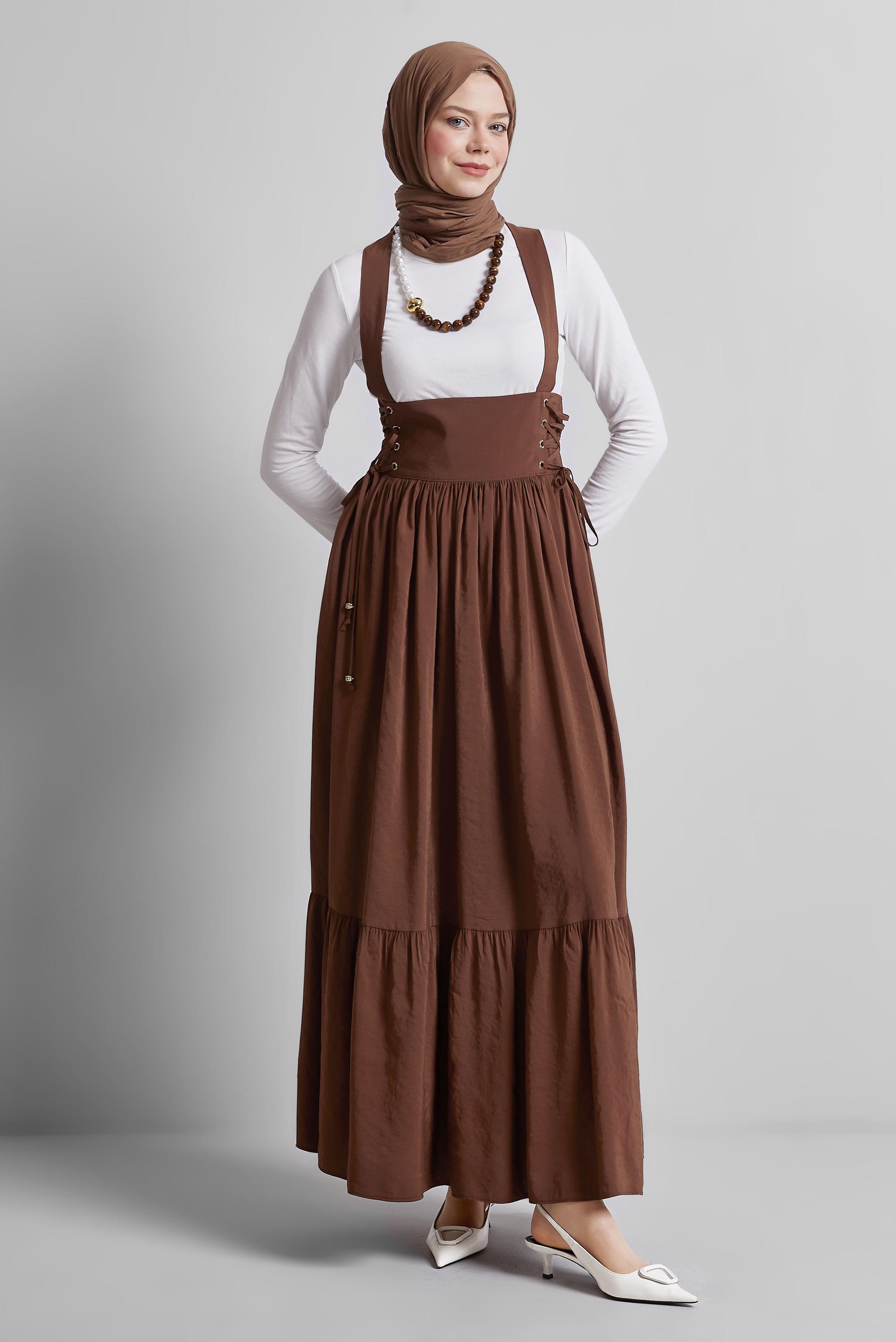 Tesettür giyim KAHVE BAĞLAMA DETAYLI JİLE ELBİSE 45340