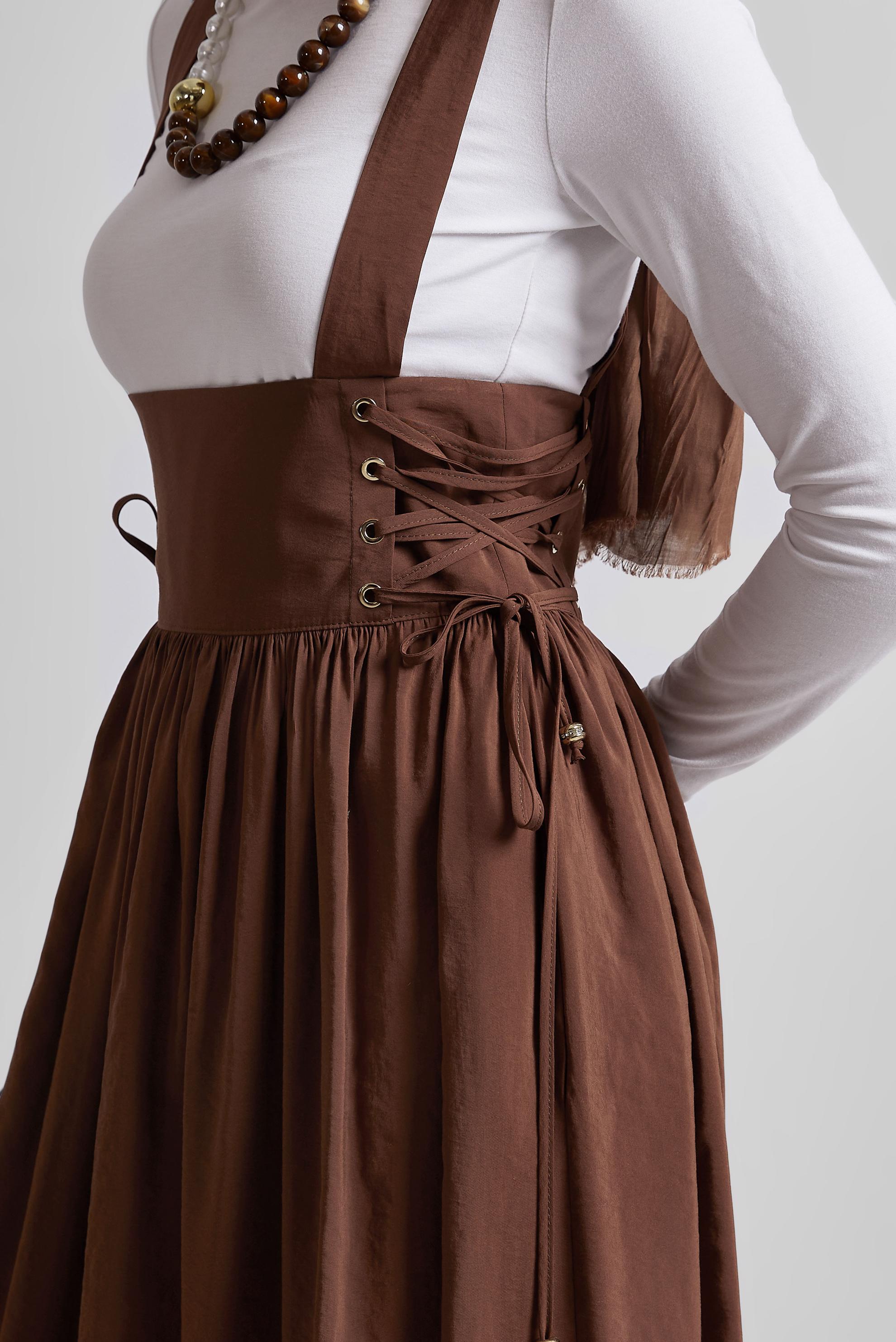 Tesettür giyim KAHVE BAĞLAMA DETAYLI JİLE ELBİSE 45340