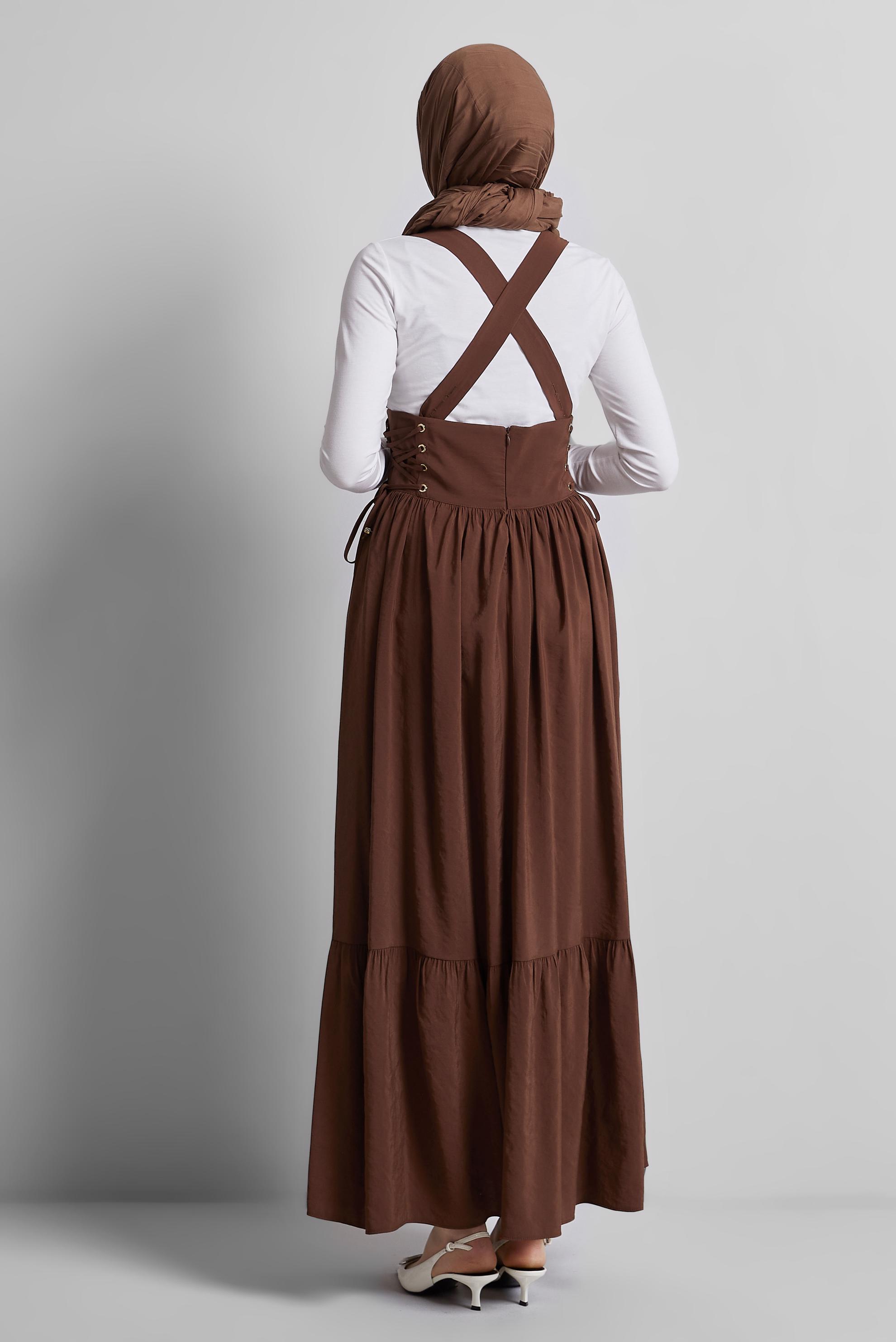 Tesettür giyim KAHVE BAĞLAMA DETAYLI JİLE ELBİSE 45340