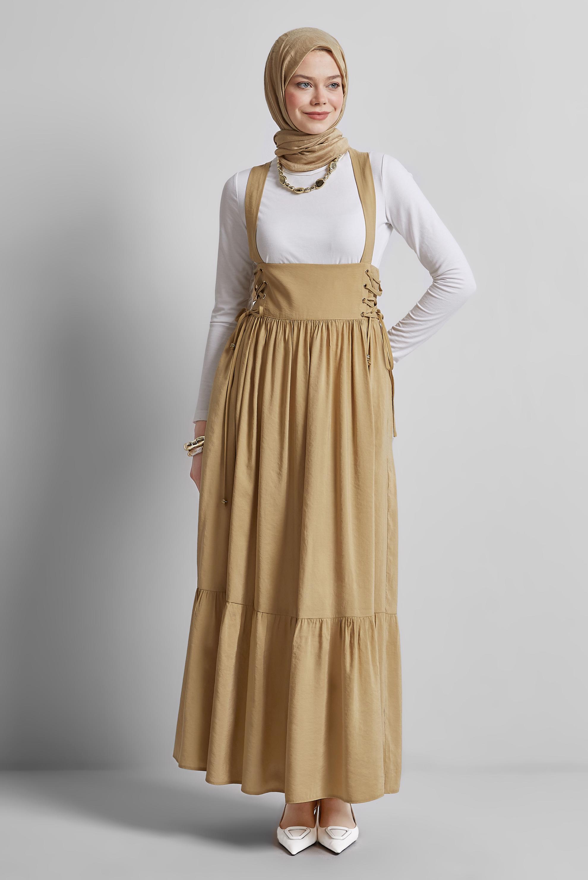 Hijab clothing BROWN PINAFORE DRESS WITH TIE DETAIL 45340